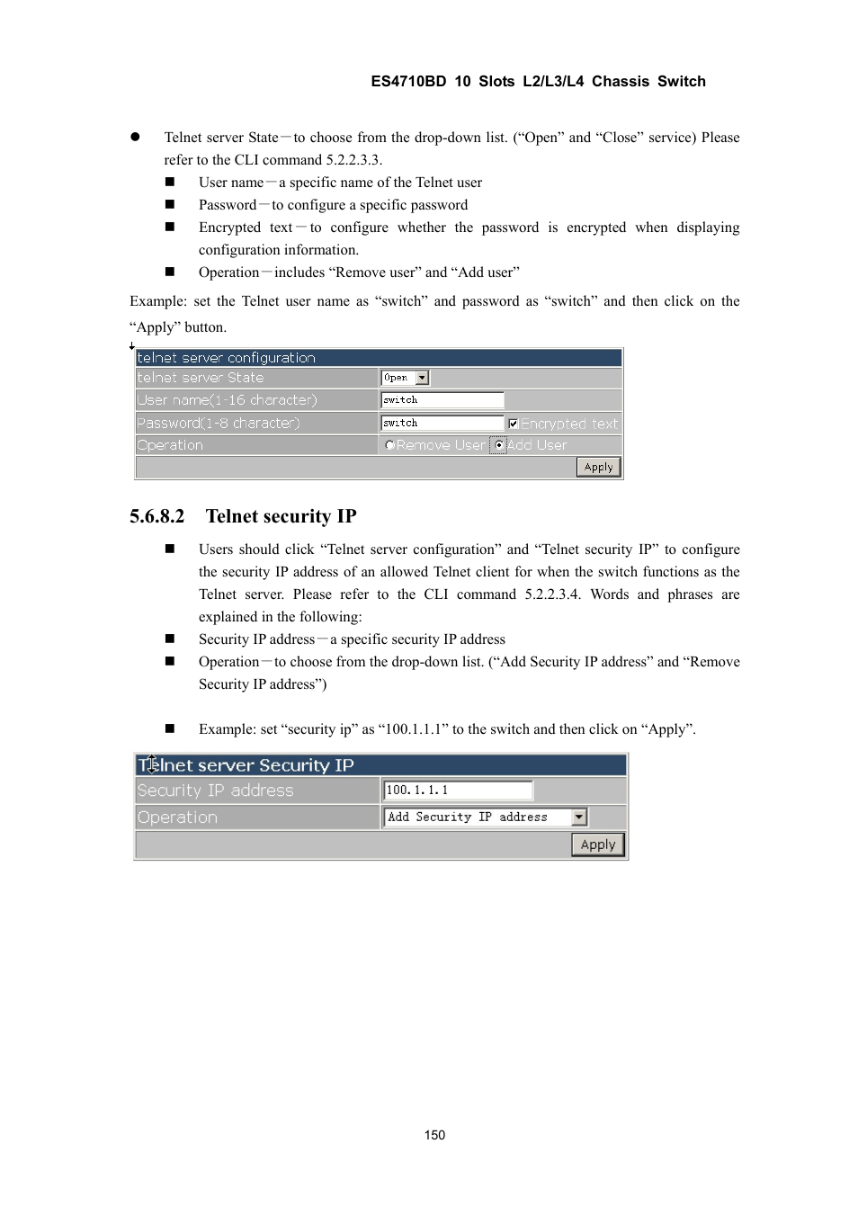 2 telnet security ip | Accton Technology ES4710BD User Manual | Page 151 / 547