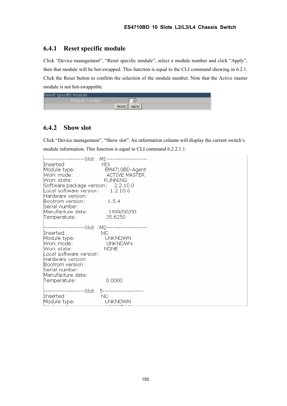 1 reset specific module, 2 show slot | Accton Technology ES4710BD User Manual | Page 156 / 547