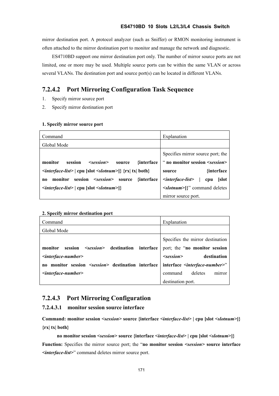 2 port mirroring configuration task sequence, 3 port mirroring configuration | Accton Technology ES4710BD User Manual | Page 172 / 547