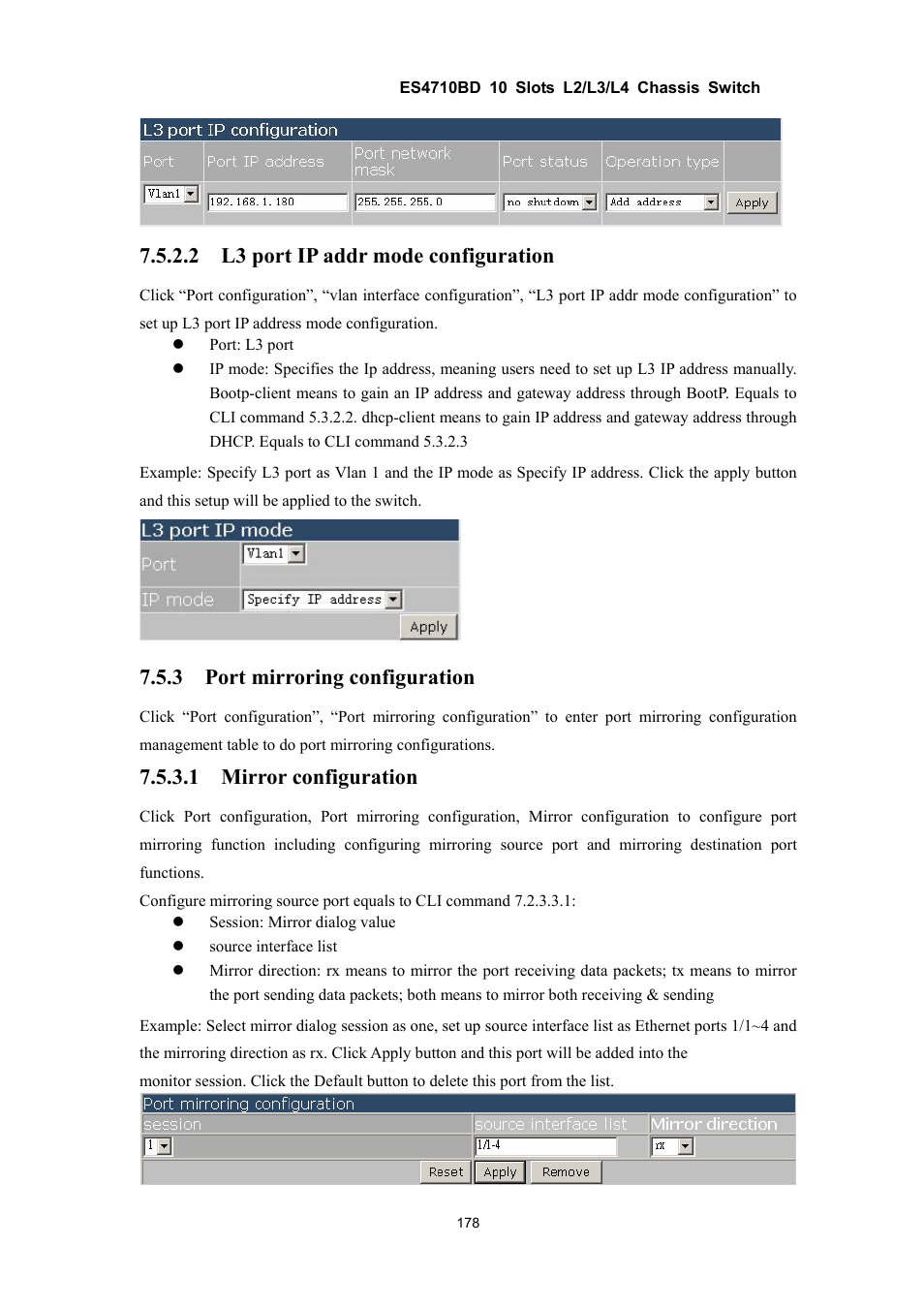 2 l3 port ip addr mode configuration, 3 port mirroring configuration, 1 mirror configuration | Accton Technology ES4710BD User Manual | Page 179 / 547