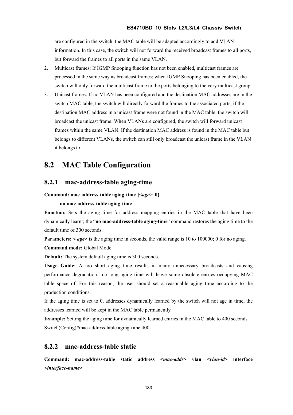 2 mac table configuration, 1 mac-address-table aging-time, 2 mac-address-table static | Accton Technology ES4710BD User Manual | Page 184 / 547
