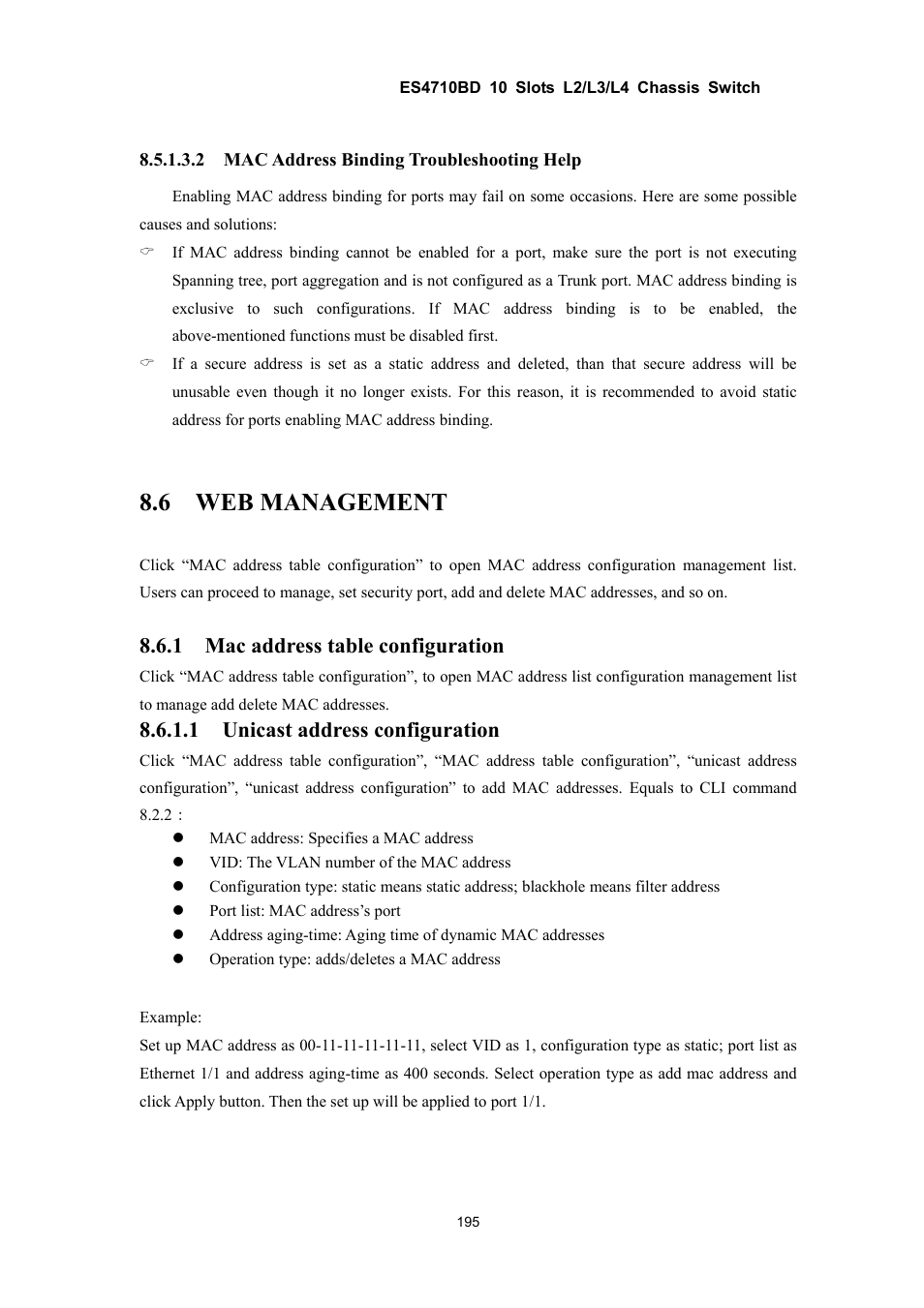 6 web management, 1 mac address table configuration, 1 unicast address configuration | Accton Technology ES4710BD User Manual | Page 196 / 547