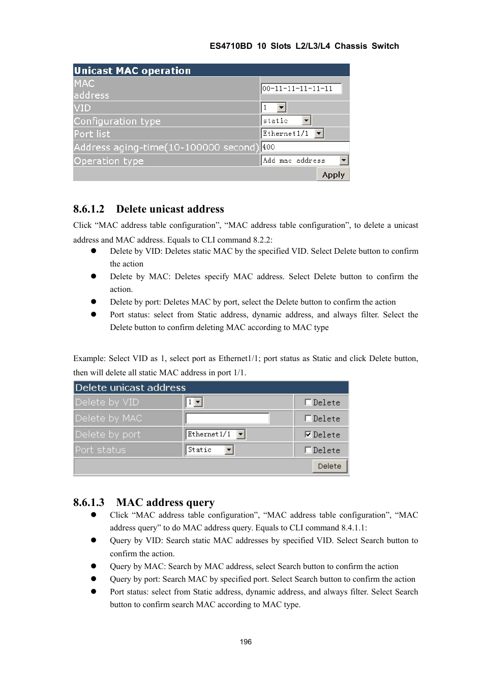 2 delete unicast address, 3 mac address query | Accton Technology ES4710BD User Manual | Page 197 / 547