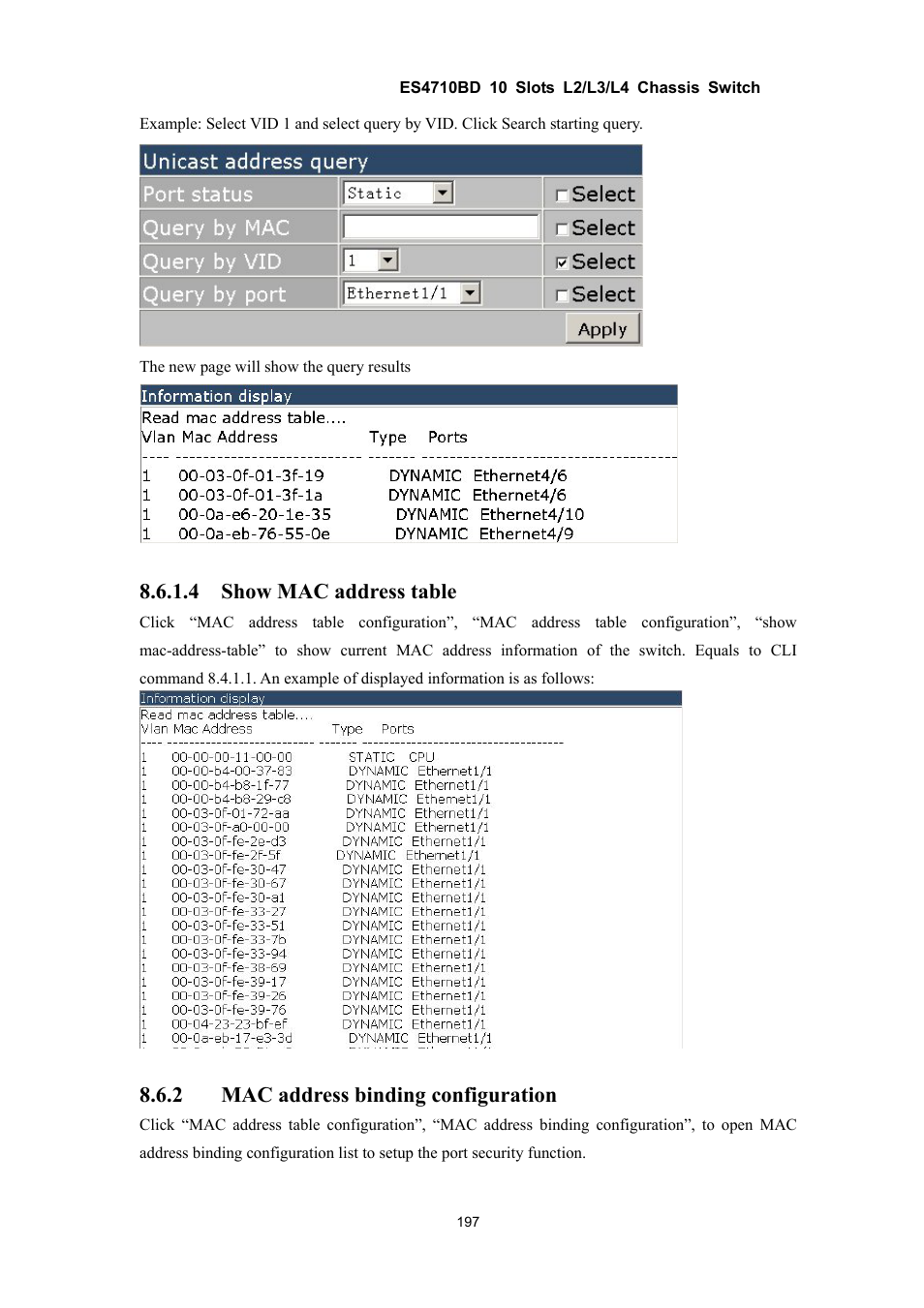 4 show mac address table, 2 mac address binding configuration | Accton Technology ES4710BD User Manual | Page 198 / 547