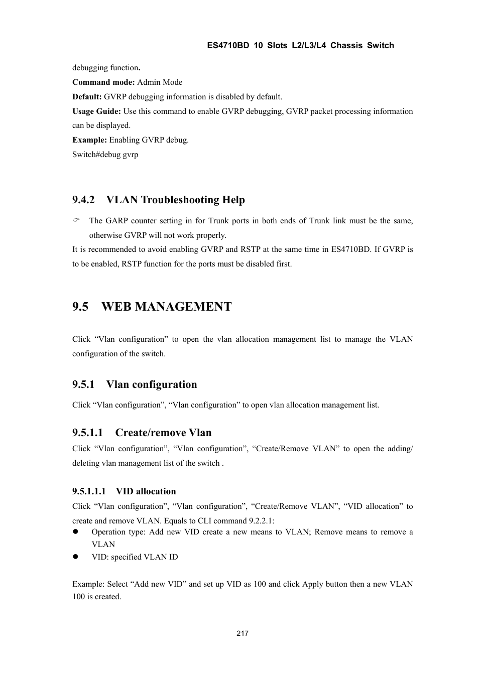 5 web management, 2 vlan troubleshooting help, 1 vlan configuration | 1 create/remove vlan | Accton Technology ES4710BD User Manual | Page 218 / 547