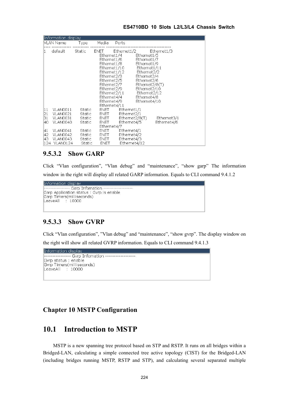 1 introduction to mstp, 2 show garp, 3 show gvrp | Chapter 10 mstp configuration | Accton Technology ES4710BD User Manual | Page 225 / 547