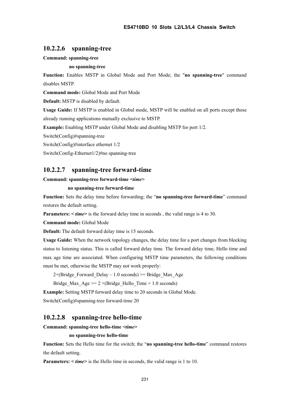 6 spanning-tree, 7 spanning-tree forward-time, 8 spanning-tree hello-time | Accton Technology ES4710BD User Manual | Page 232 / 547