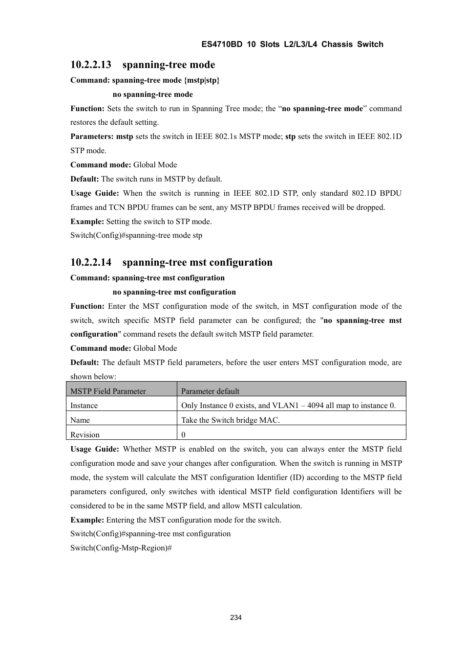13 spanning-tree mode, 14 spanning-tree mst configuration | Accton Technology ES4710BD User Manual | Page 235 / 547