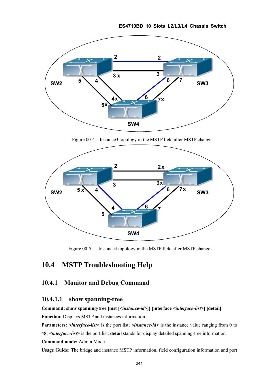 4 mstp troubleshooting help, 1 monitor and debug command, 1 show spanning-tree | Accton Technology ES4710BD User Manual | Page 242 / 547
