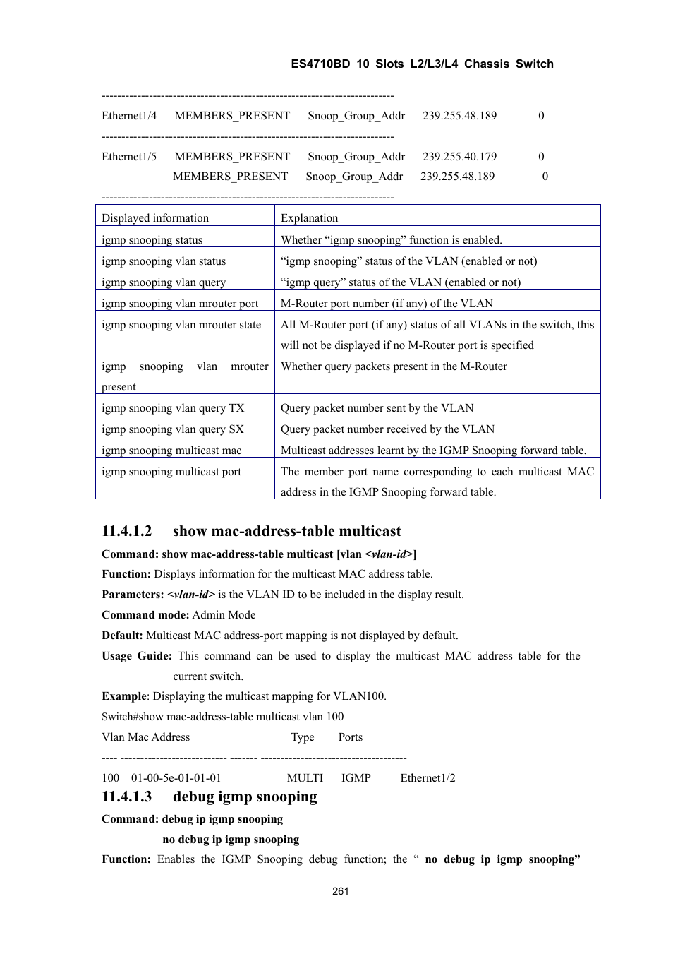 2 show mac-address-table multicast, 3 debug igmp snooping | Accton Technology ES4710BD User Manual | Page 262 / 547