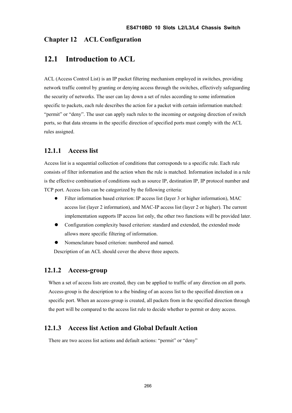 1 introduction to acl, Chapter 12 acl configuration, 1 access list | 2 access-group, 3 access list action and global default action | Accton Technology ES4710BD User Manual | Page 267 / 547