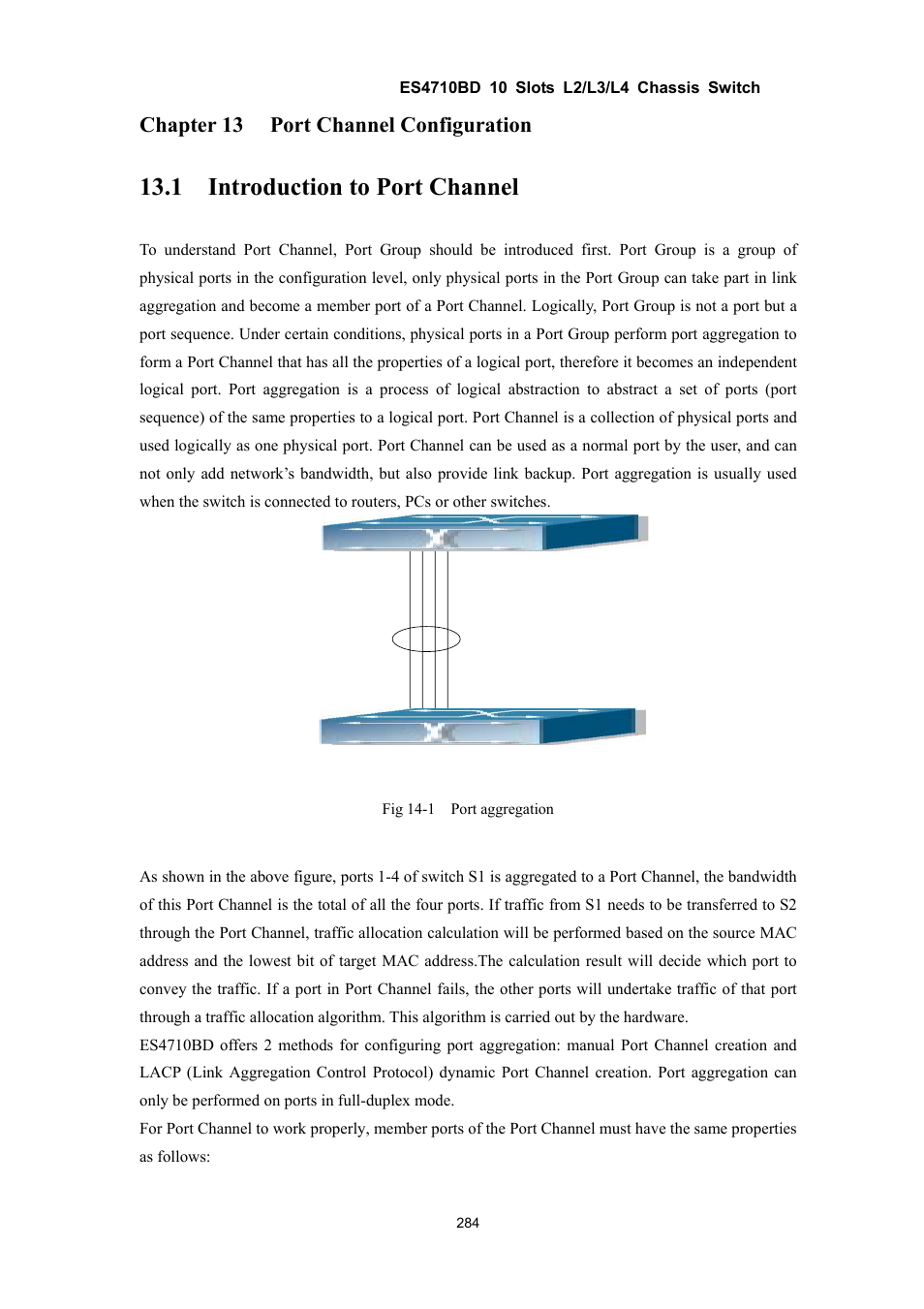 1 introduction to port channel, Chapter 13 port channel configuration | Accton Technology ES4710BD User Manual | Page 285 / 547