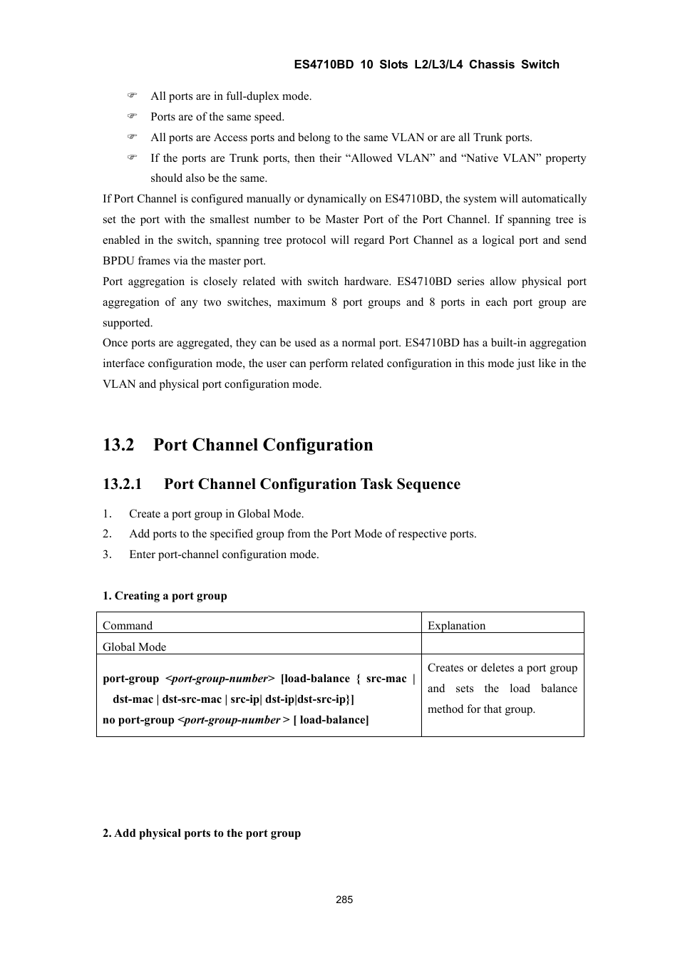 2 port channel configuration, 1 port channel configuration task sequence | Accton Technology ES4710BD User Manual | Page 286 / 547