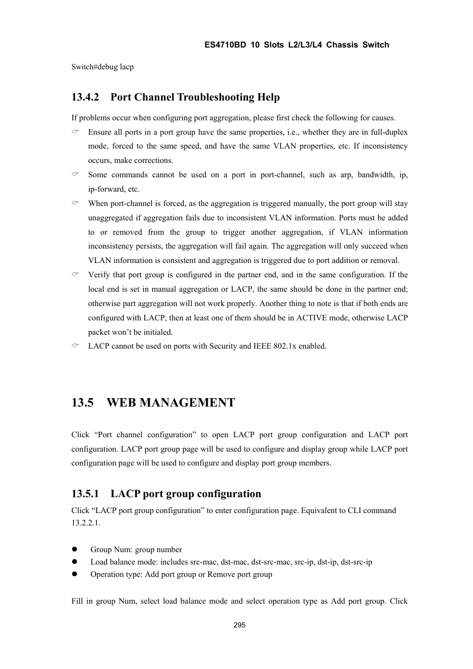 5 web management, 2 port channel troubleshooting help, 1 lacp port group configuration | Accton Technology ES4710BD User Manual | Page 296 / 547