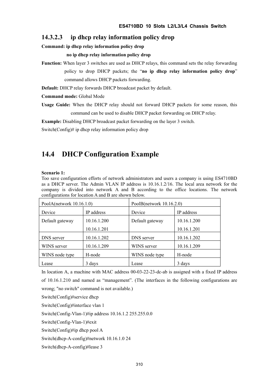 4 dhcp configuration example, 3 ip dhcp relay information policy drop | Accton Technology ES4710BD User Manual | Page 311 / 547