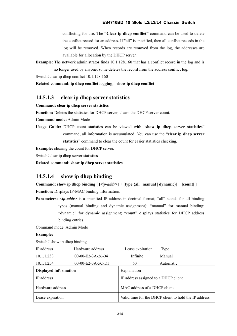 3 clear ip dhcp server statistics, 4 show ip dhcp binding | Accton Technology ES4710BD User Manual | Page 315 / 547