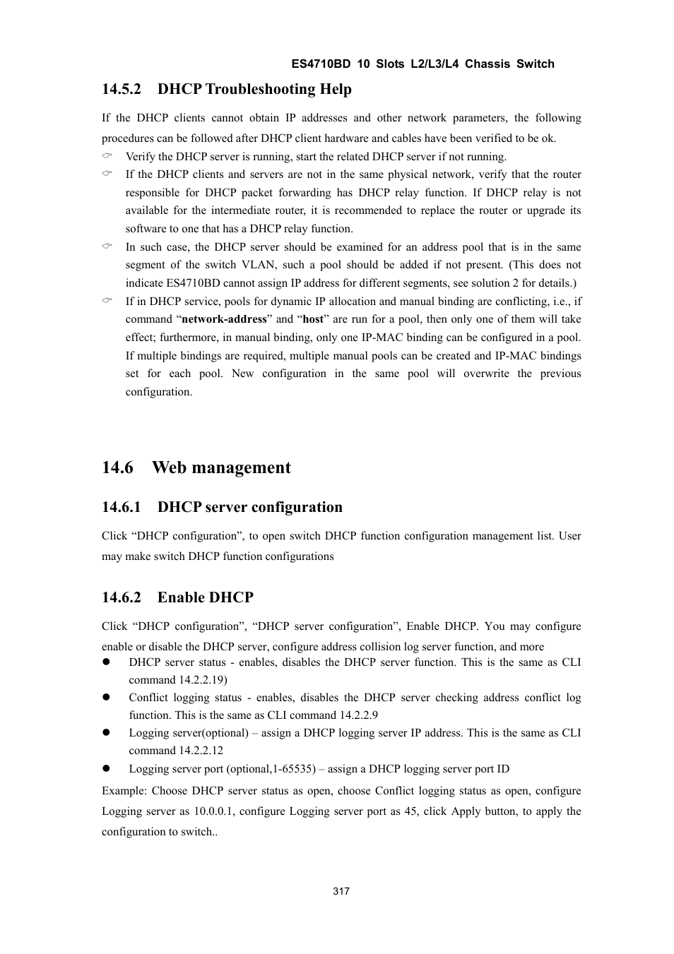 6 web management, 2 dhcp troubleshooting help, 1 dhcp server configuration | 2 enable dhcp | Accton Technology ES4710BD User Manual | Page 318 / 547