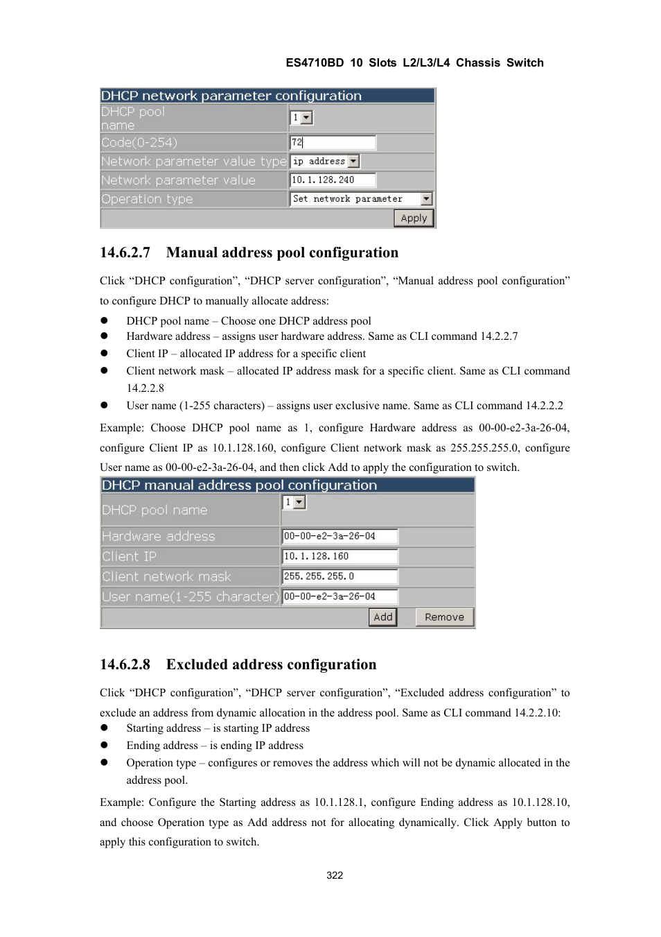 7 manual address pool configuration, 8 excluded address configuration | Accton Technology ES4710BD User Manual | Page 323 / 547