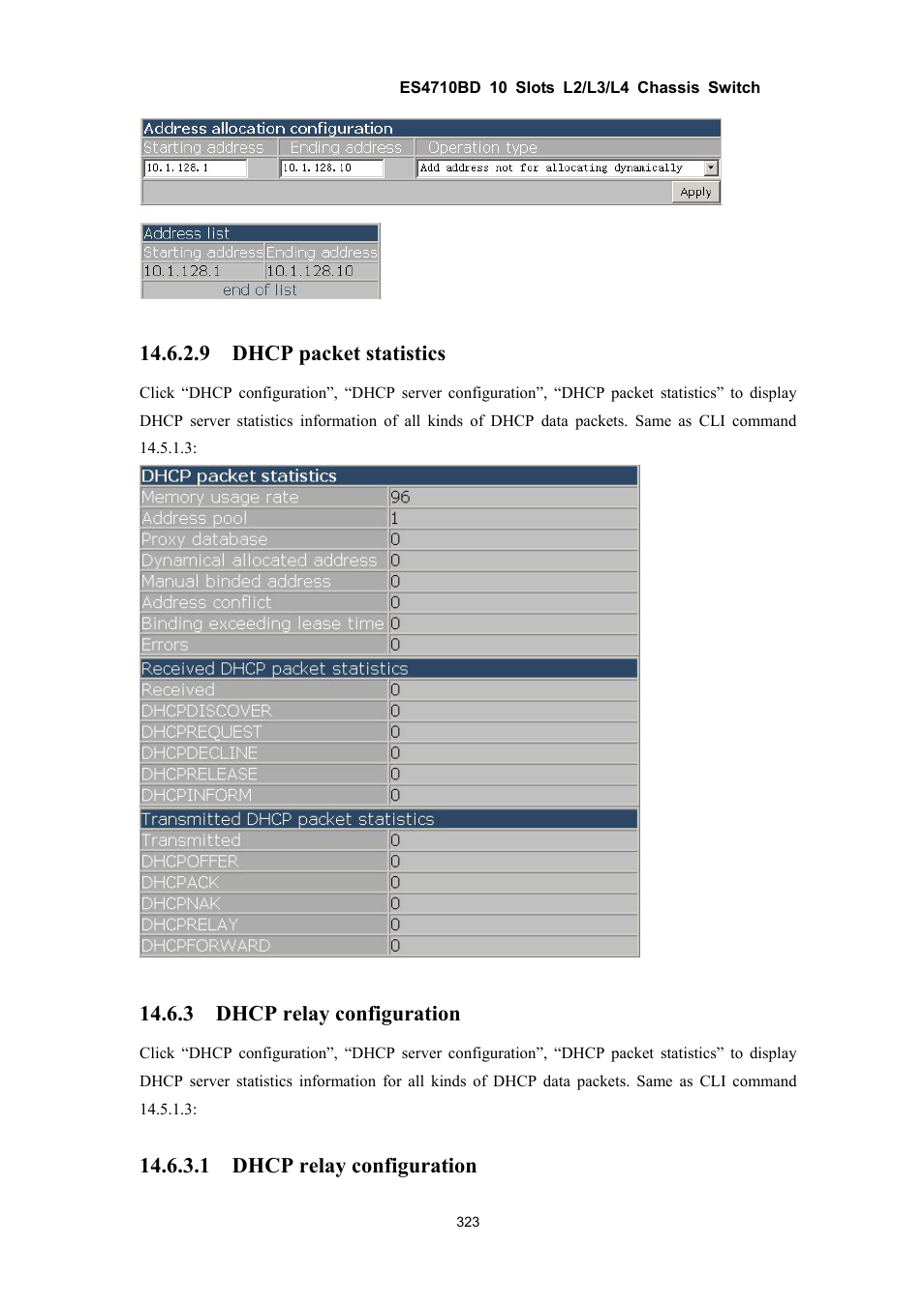 9 dhcp packet statistics, 3 dhcp relay configuration, 1 dhcp relay configuration | Accton Technology ES4710BD User Manual | Page 324 / 547