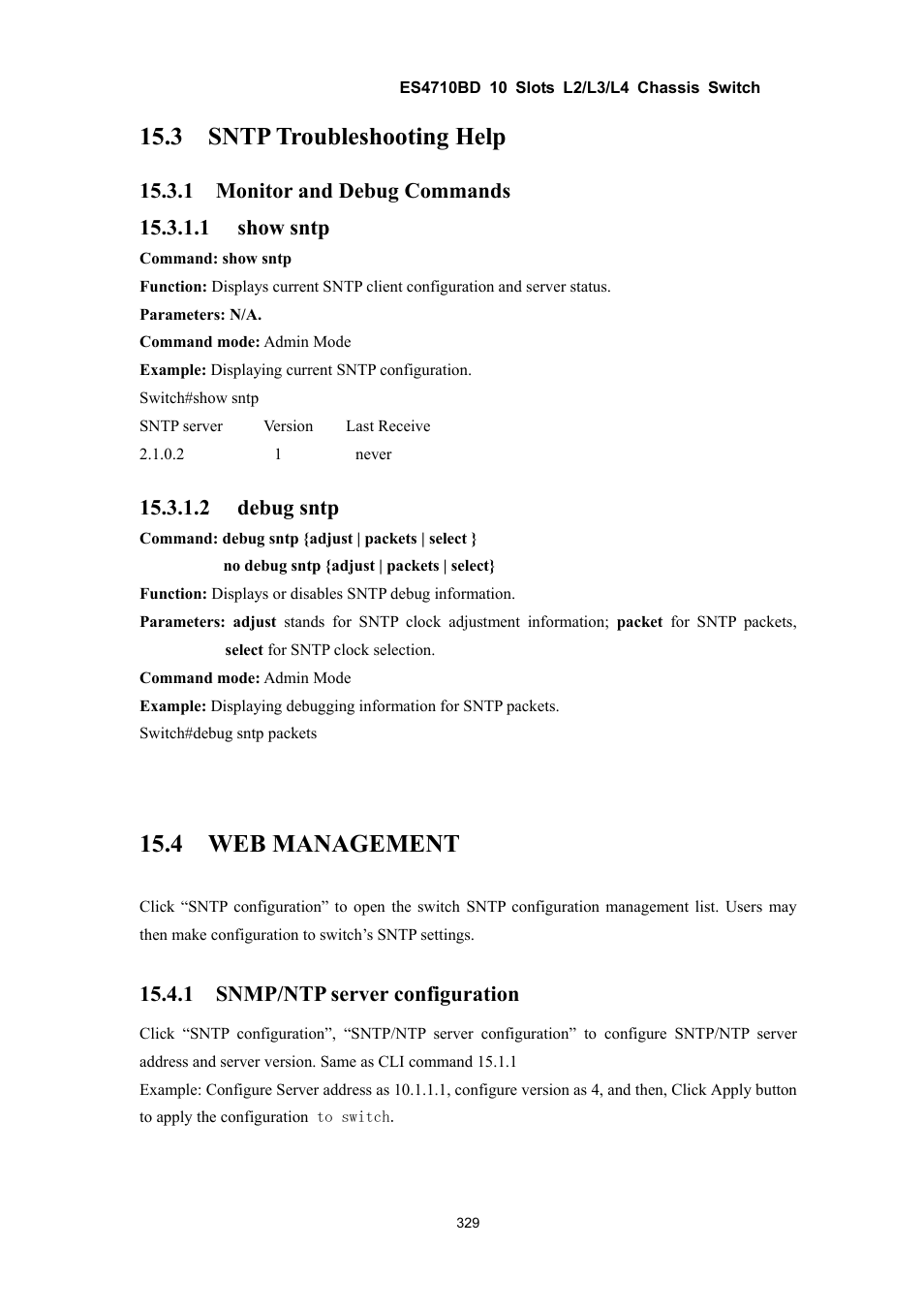 3 sntp troubleshooting help, 4 web management, 2 debug sntp | 1 snmp/ntp server configuration | Accton Technology ES4710BD User Manual | Page 330 / 547