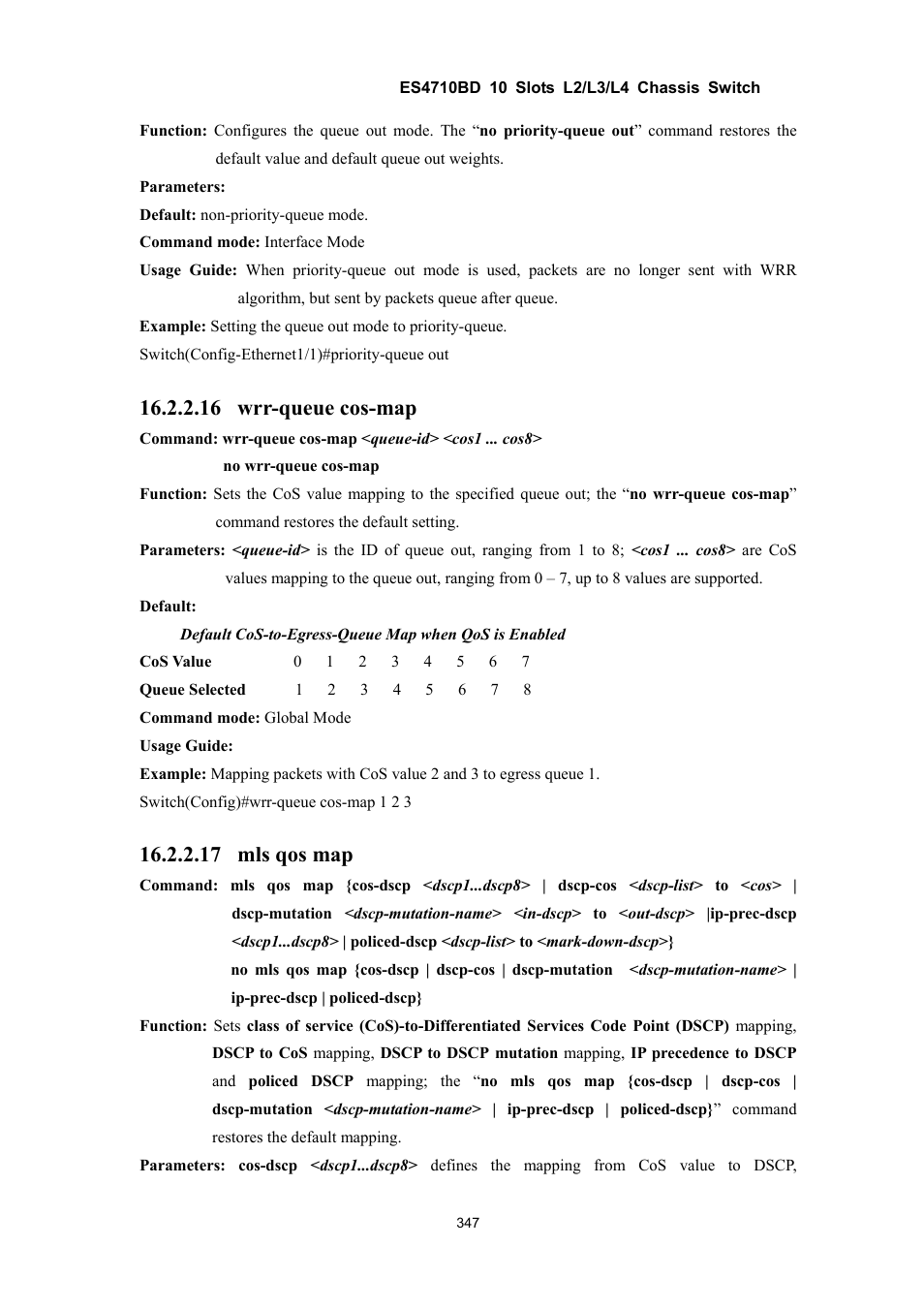 16 wrr-queue cos-map, 17 mls qos map | Accton Technology ES4710BD User Manual | Page 348 / 547