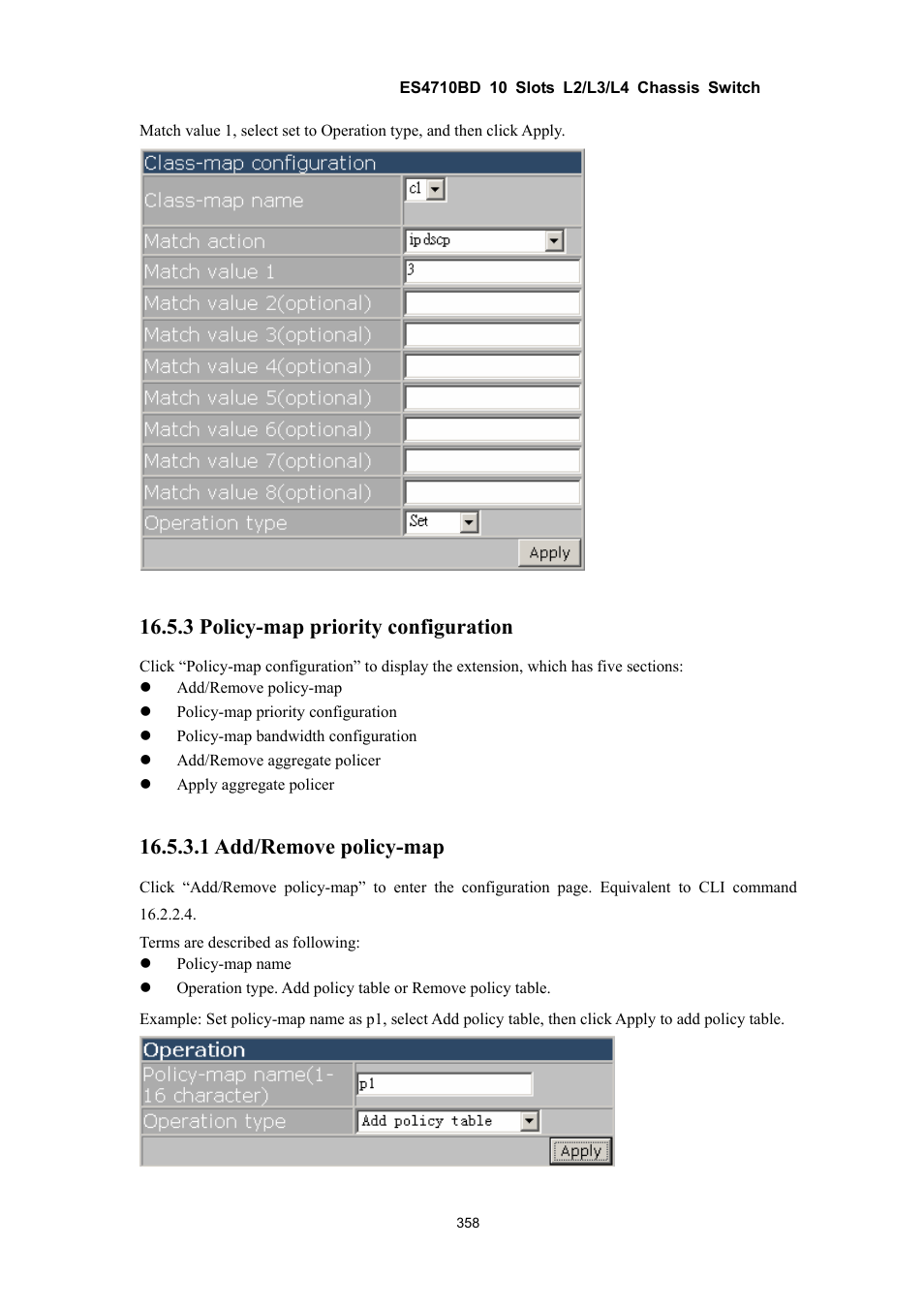 3 policy-map priority configuration, 1 add/remove policy-map | Accton Technology ES4710BD User Manual | Page 359 / 547