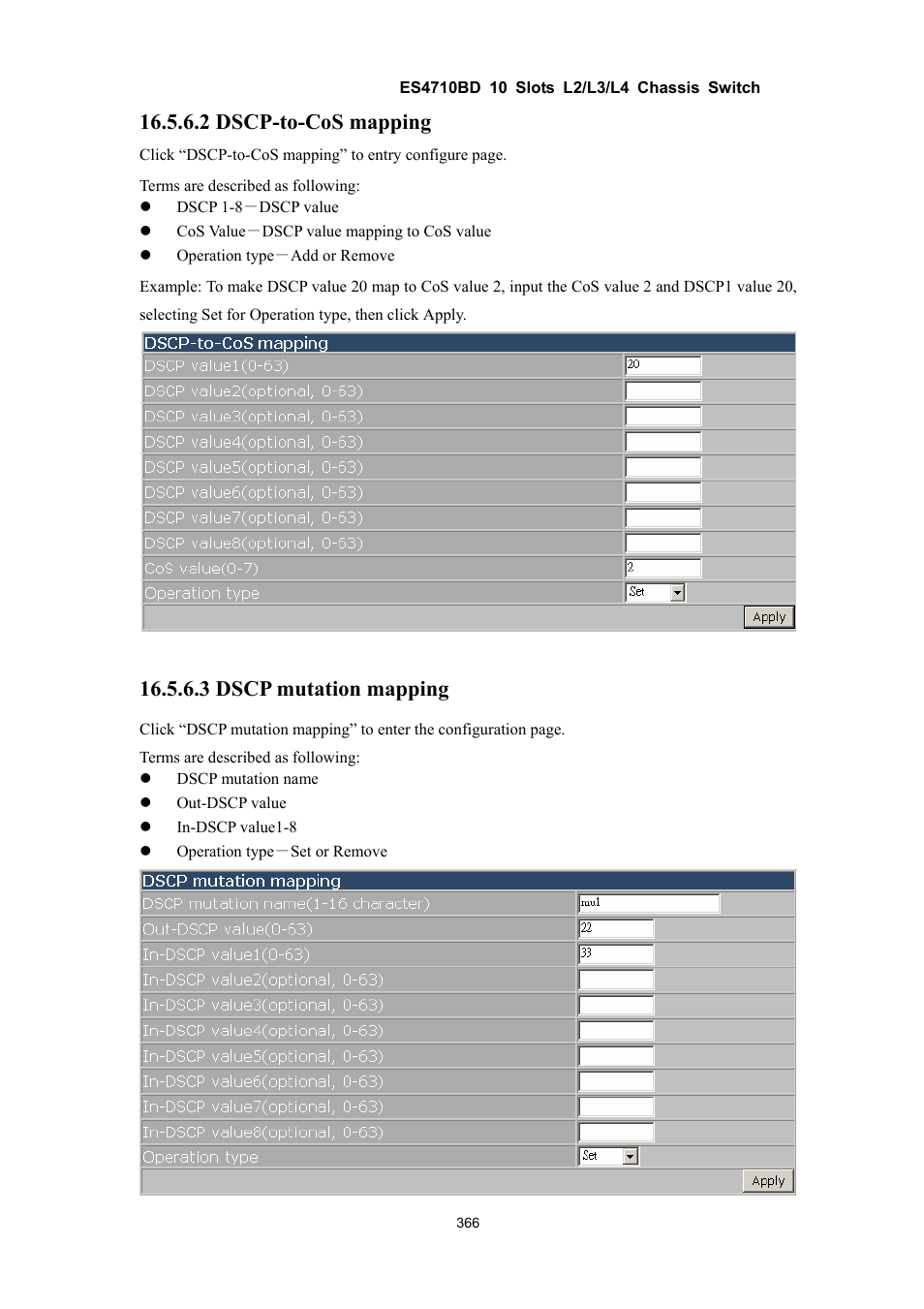 2 dscp-to-cos mapping, 3 dscp mutation mapping | Accton Technology ES4710BD User Manual | Page 367 / 547