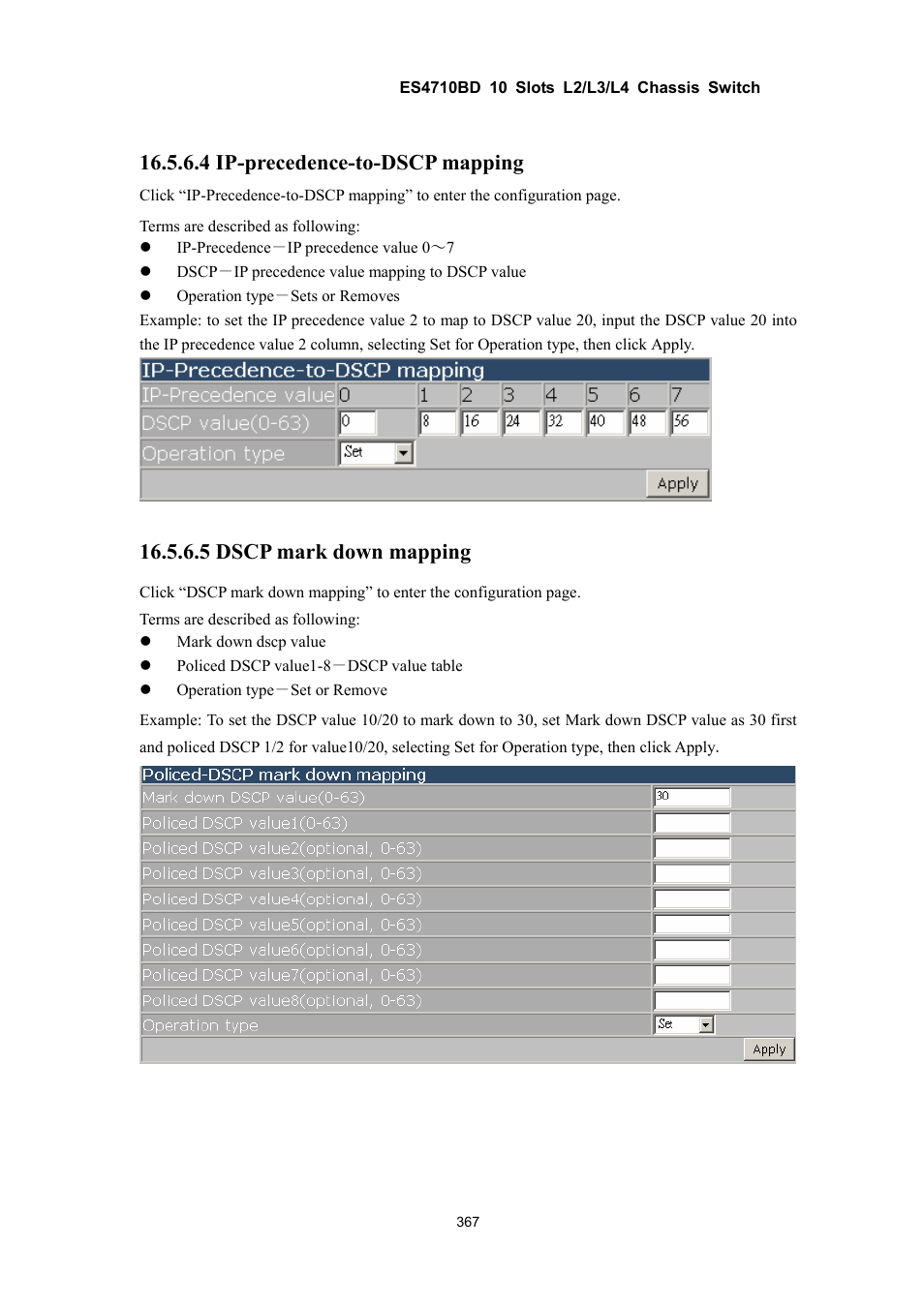 4 ip-precedence-to-dscp mapping, 5 dscp mark down mapping | Accton Technology ES4710BD User Manual | Page 368 / 547