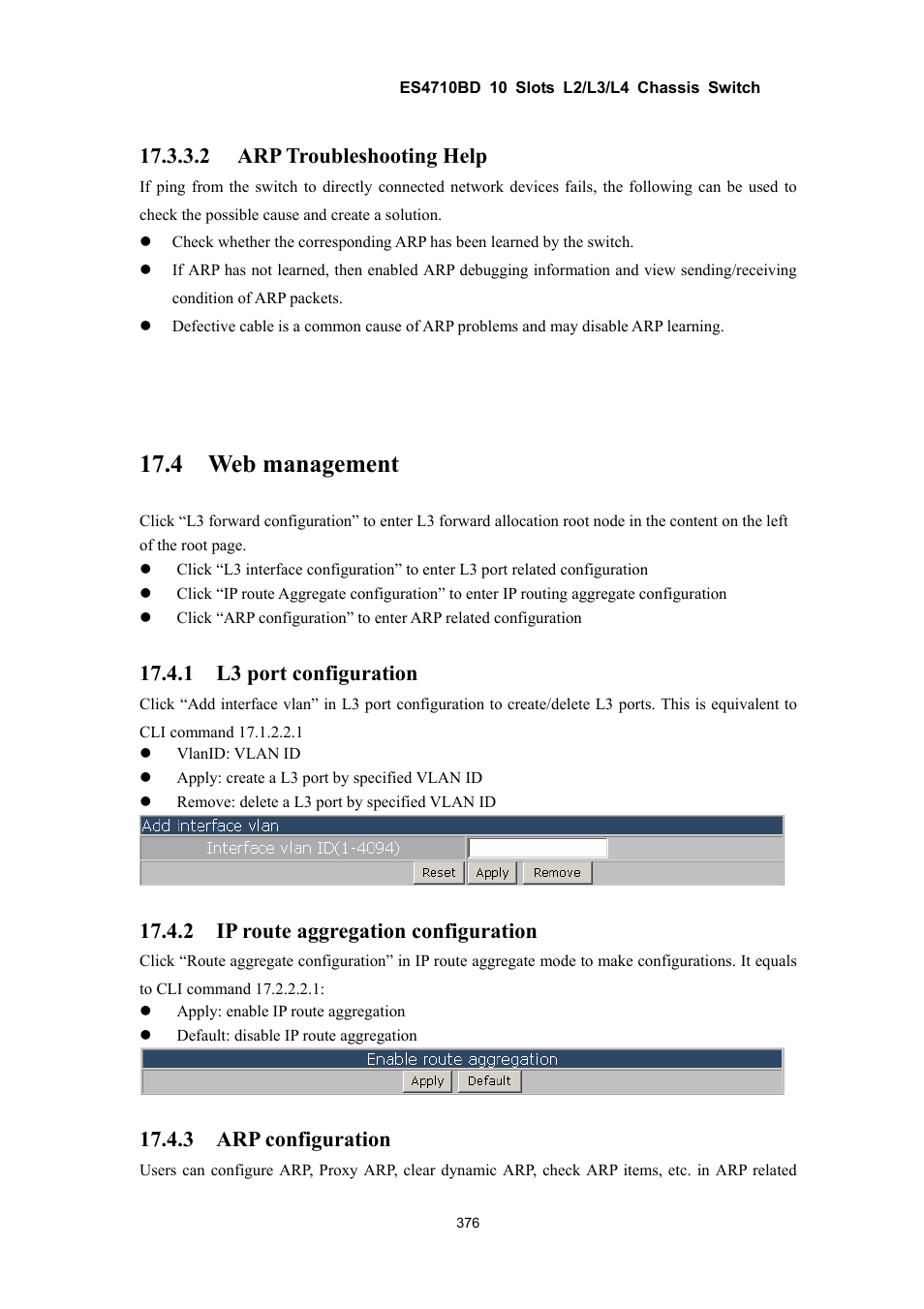 4 web management, 2 arp troubleshooting help, 1 l3 port configuration | 2 ip route aggregation configuration, 3 arp configuration | Accton Technology ES4710BD User Manual | Page 377 / 547