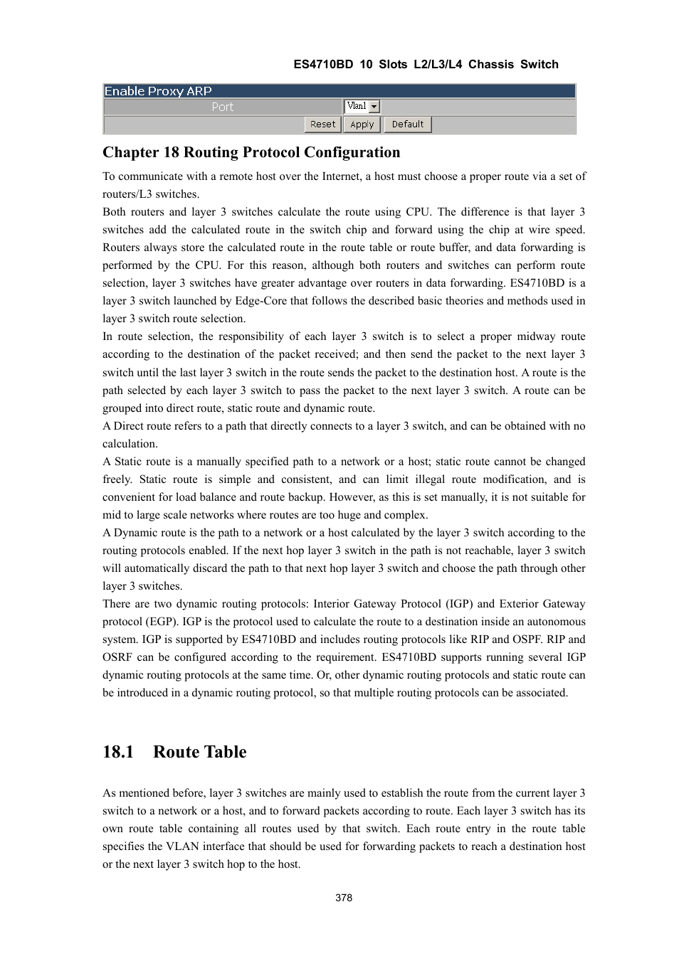 1 route table, Chapter 18 routing protocol configuration | Accton Technology ES4710BD User Manual | Page 379 / 547