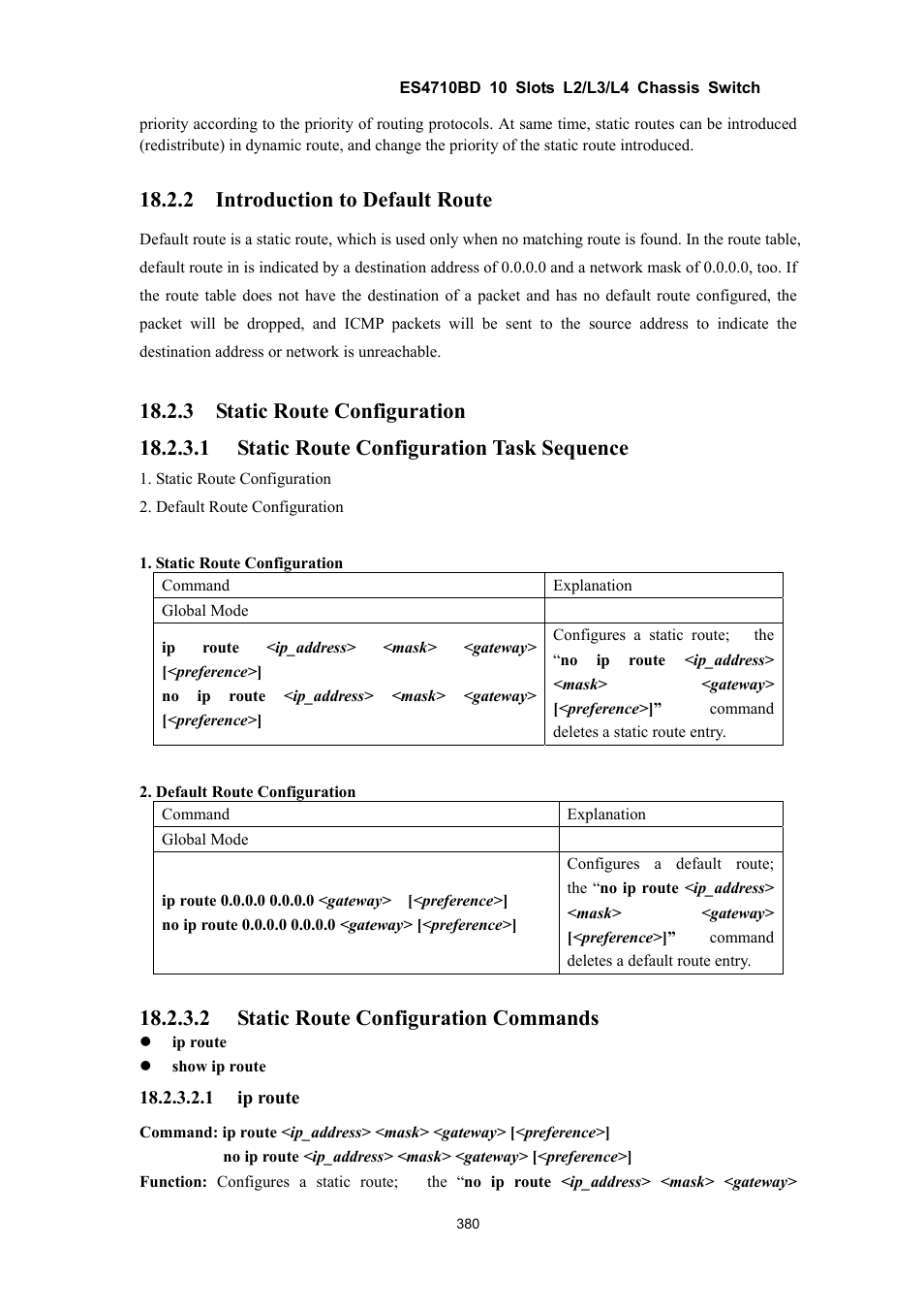 2 introduction to default route, 2 static route configuration commands | Accton Technology ES4710BD User Manual | Page 381 / 547