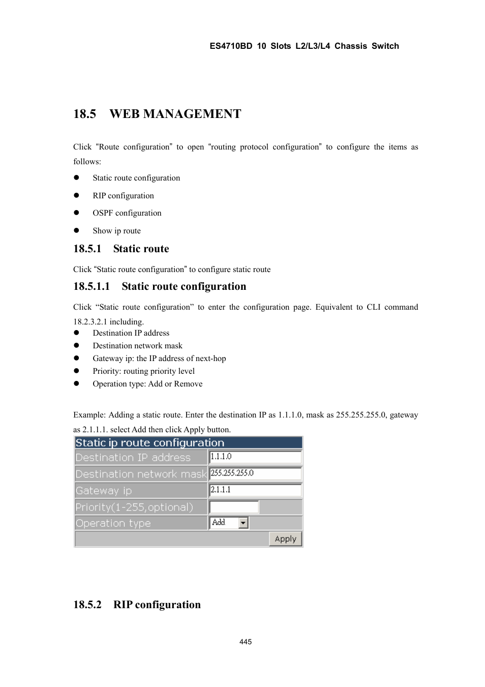 5 web management, 1 static route, 1 static route configuration | 2 rip configuration | Accton Technology ES4710BD User Manual | Page 446 / 547