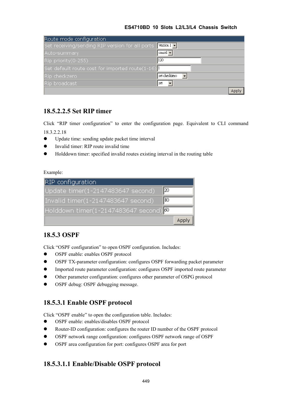 5 set rip timer, 3 ospf, 1 enable ospf protocol | 1 enable/disable ospf protocol | Accton Technology ES4710BD User Manual | Page 450 / 547