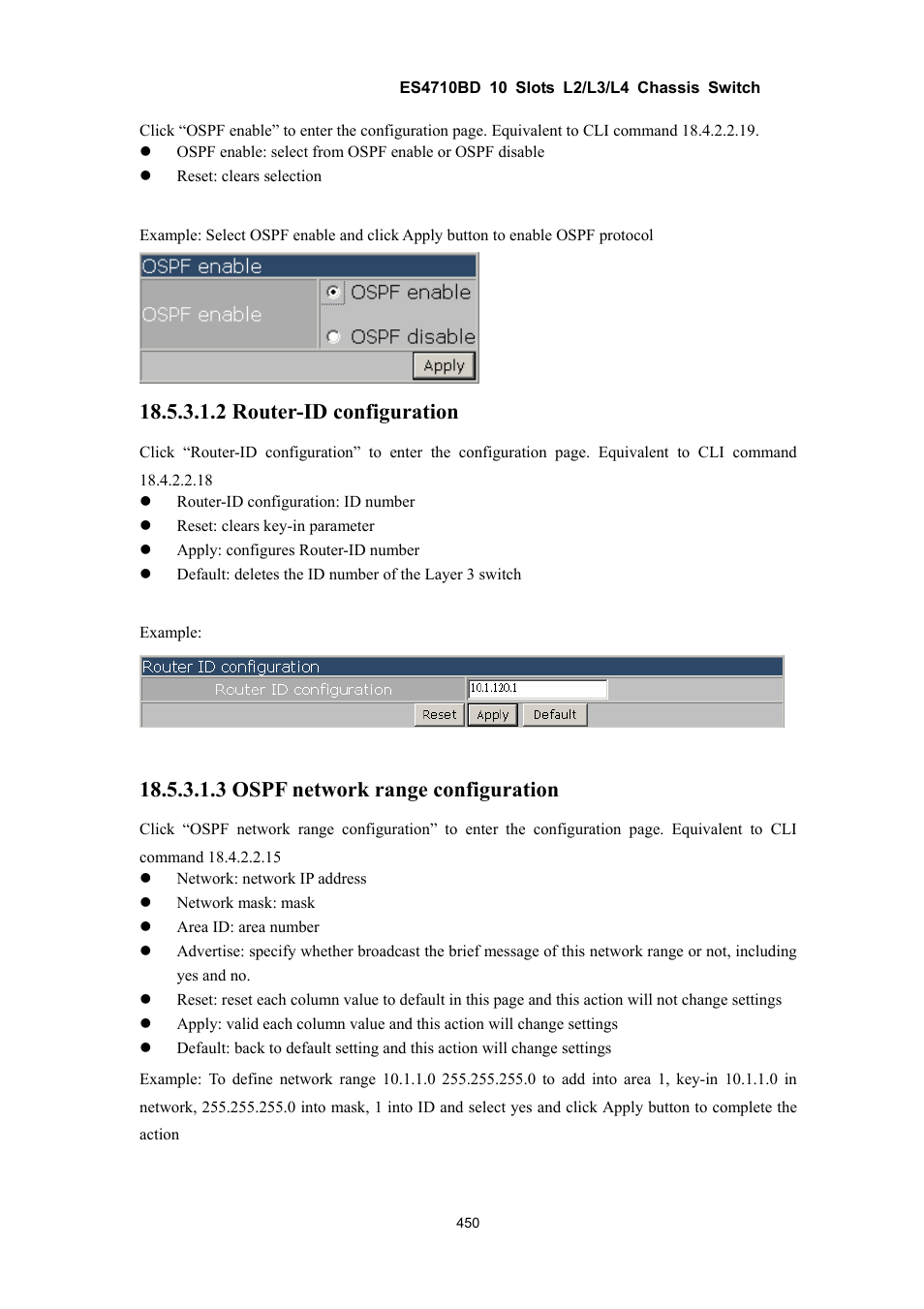 2 router-id configuration, 3 ospf network range configuration | Accton Technology ES4710BD User Manual | Page 451 / 547