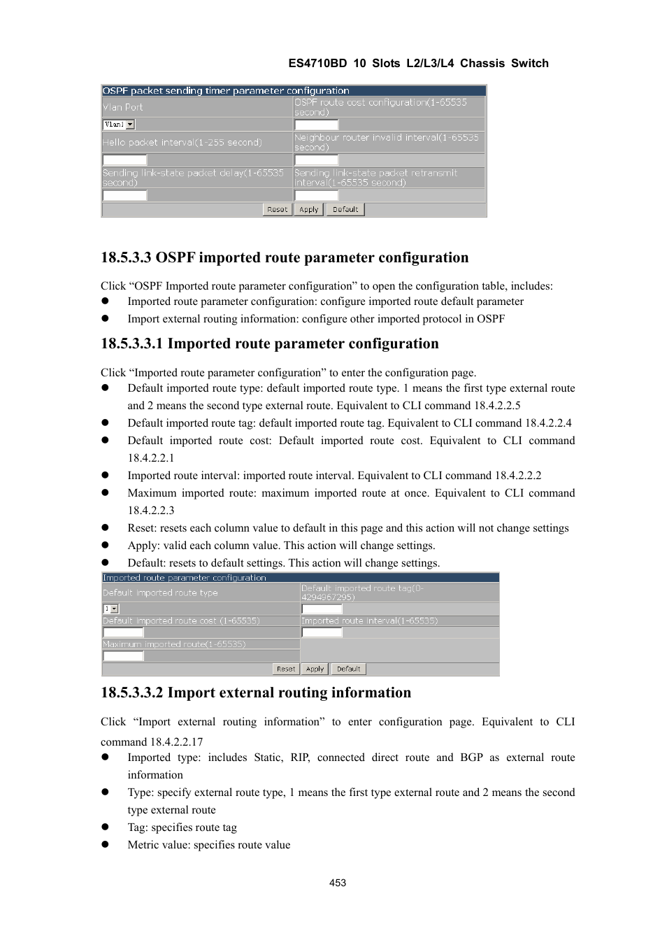 3 ospf imported route parameter configuration, 1 imported route parameter configuration, 2 import external routing information | Accton Technology ES4710BD User Manual | Page 454 / 547