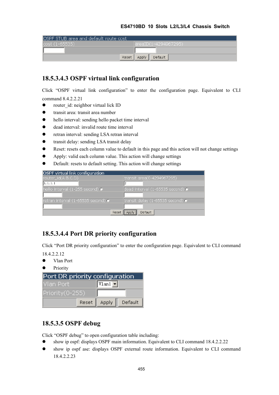 3 ospf virtual link configuration, 4 port dr priority configuration, 5 ospf debug | Accton Technology ES4710BD User Manual | Page 456 / 547