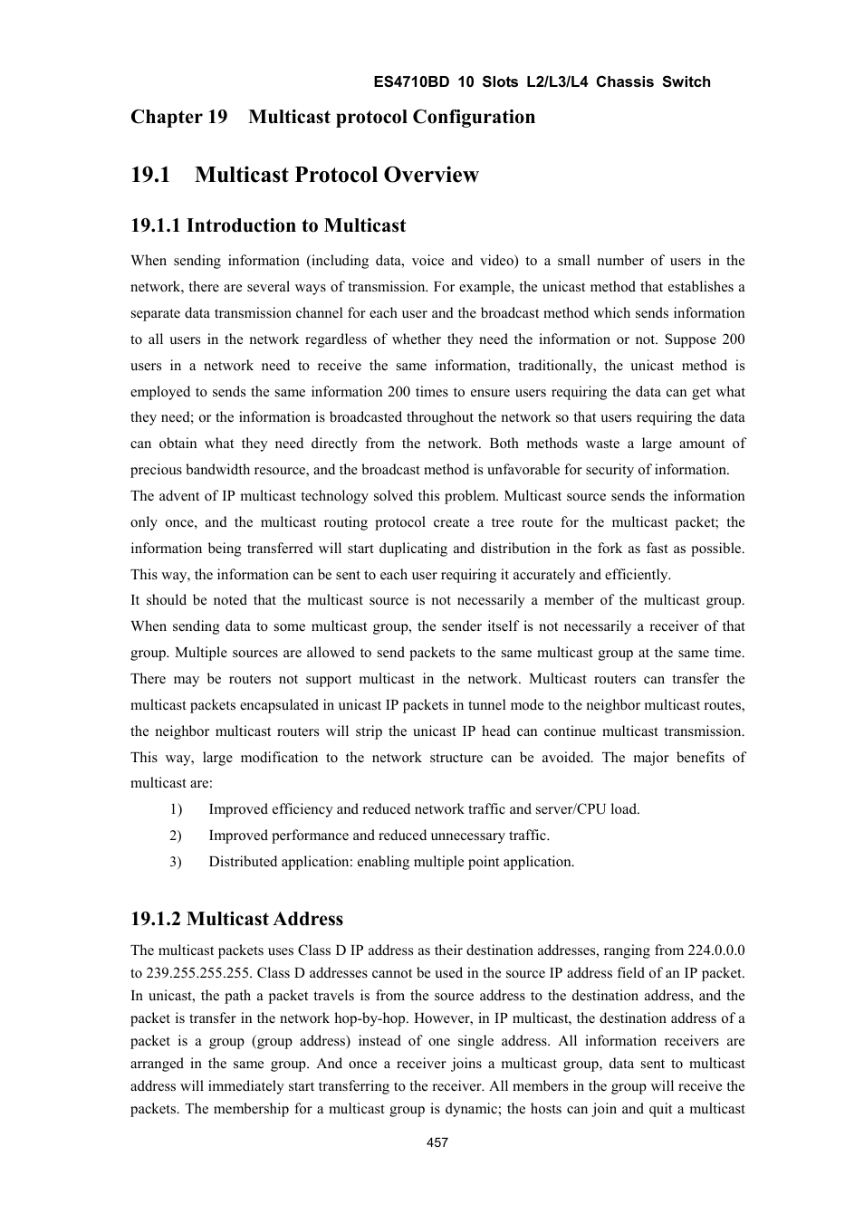 1 multicast protocol overview, Chapter 19 multicast protocol configuration, 1 introduction to multicast | 2 multicast address | Accton Technology ES4710BD User Manual | Page 458 / 547