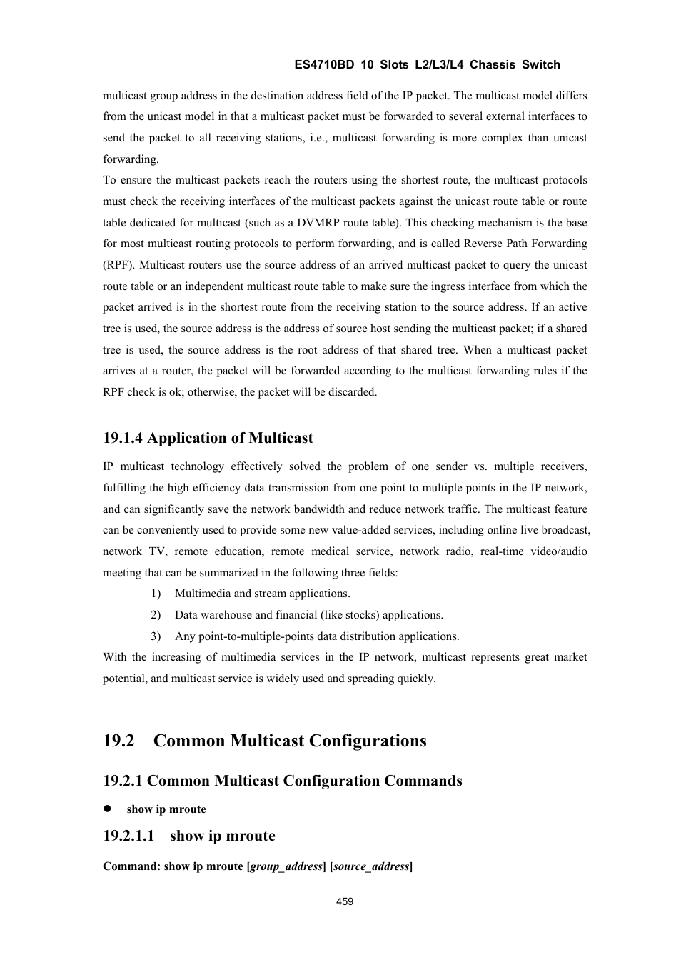 2 common multicast configurations, 4 application of multicast, 1 common multicast configuration commands | Show ip mroute | Accton Technology ES4710BD User Manual | Page 460 / 547