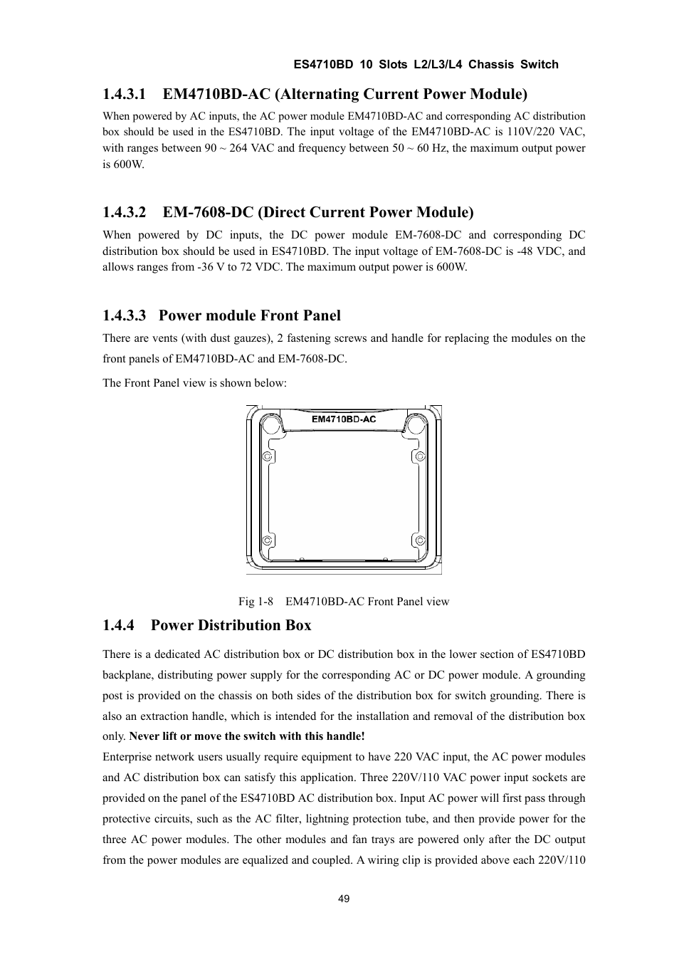 3 power module front panel, 4 power distribution box | Accton Technology ES4710BD User Manual | Page 50 / 547