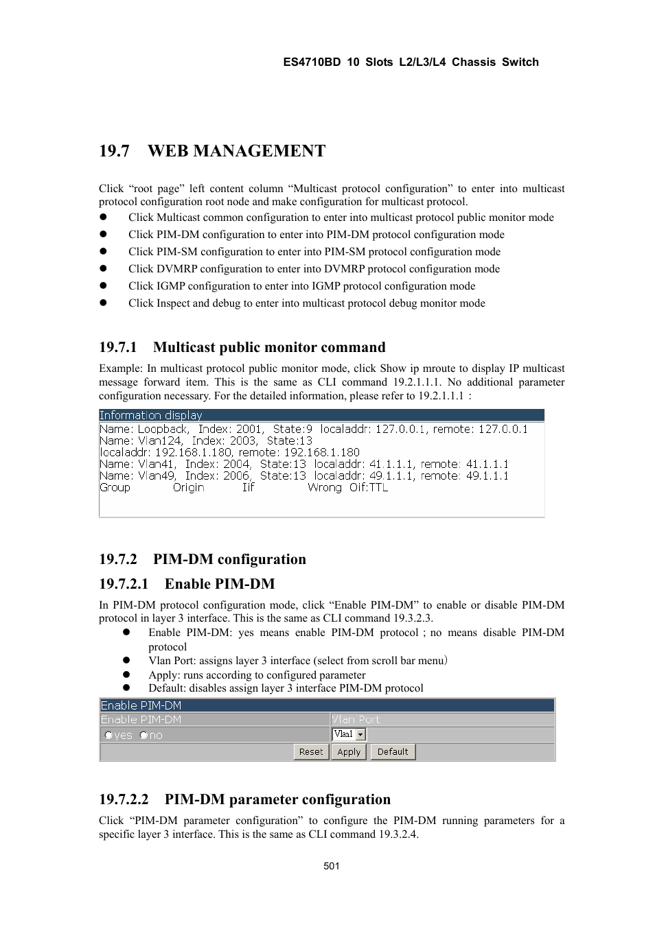 7 web management, 1 multicast public monitor command, 2 pim-dm parameter configuration | Accton Technology ES4710BD User Manual | Page 502 / 547