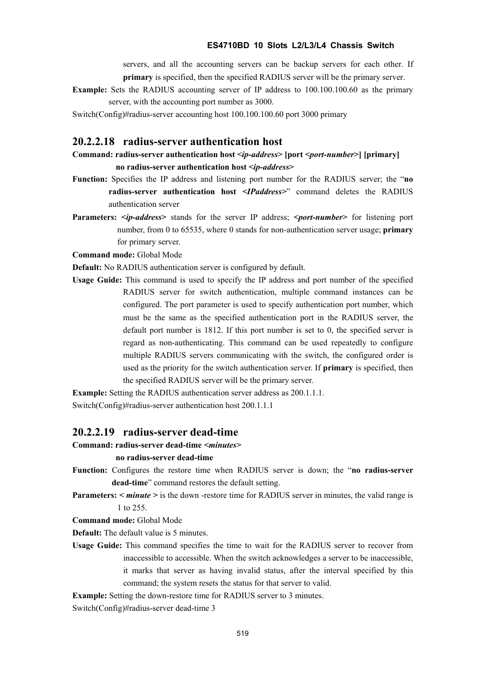 18 radius-server authentication host, 19 radius-server dead-time | Accton Technology ES4710BD User Manual | Page 520 / 547