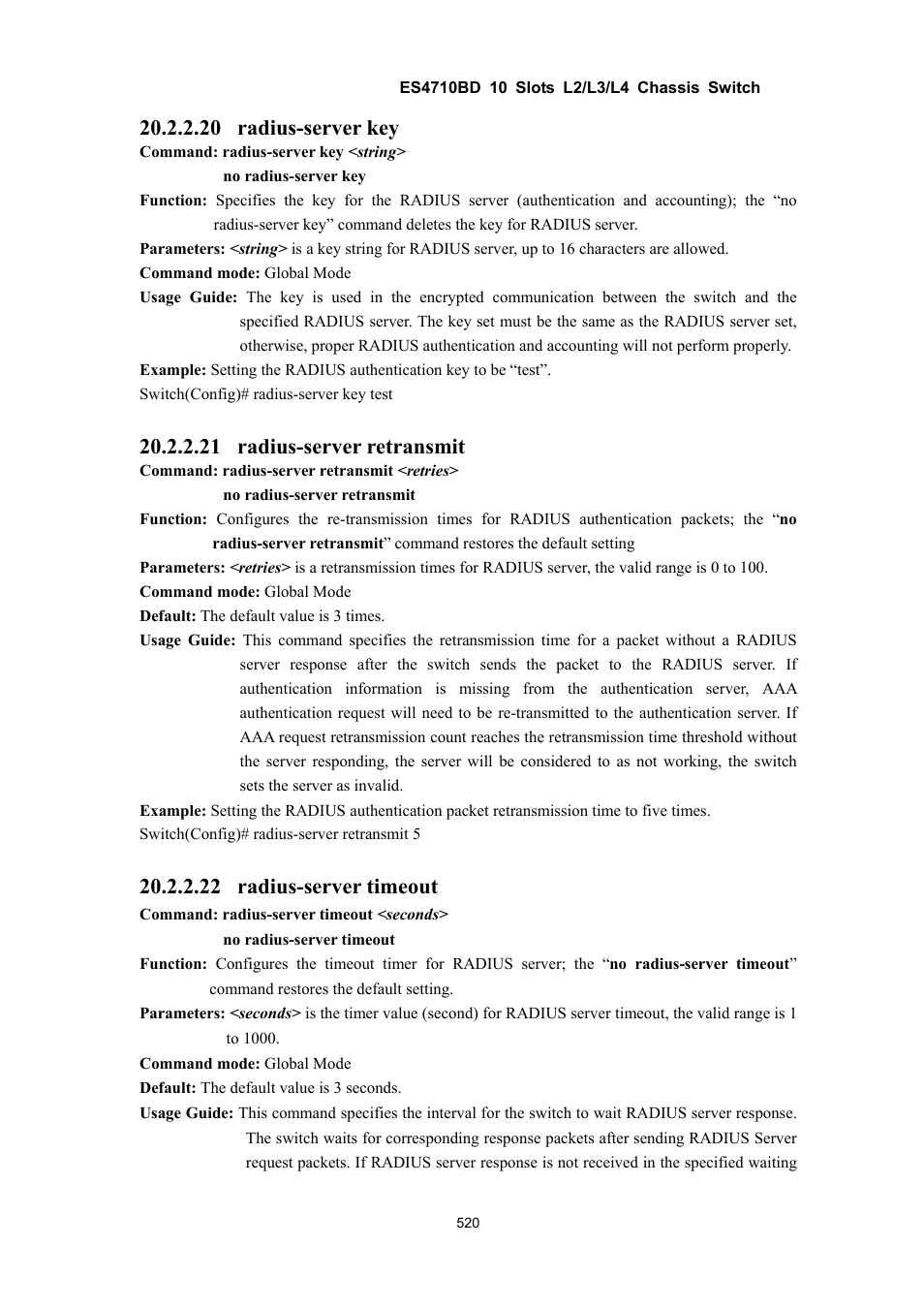 20 radius-server key, 21 radius-server retransmit, 22 radius-server timeout | Accton Technology ES4710BD User Manual | Page 521 / 547