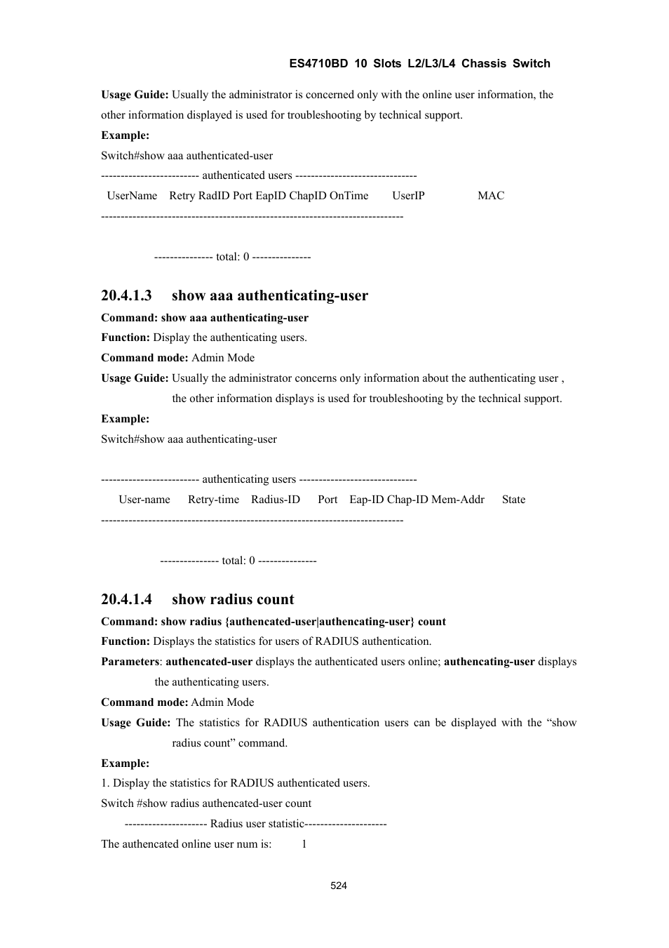 3 show aaa authenticating-user, 4 show radius count | Accton Technology ES4710BD User Manual | Page 525 / 547