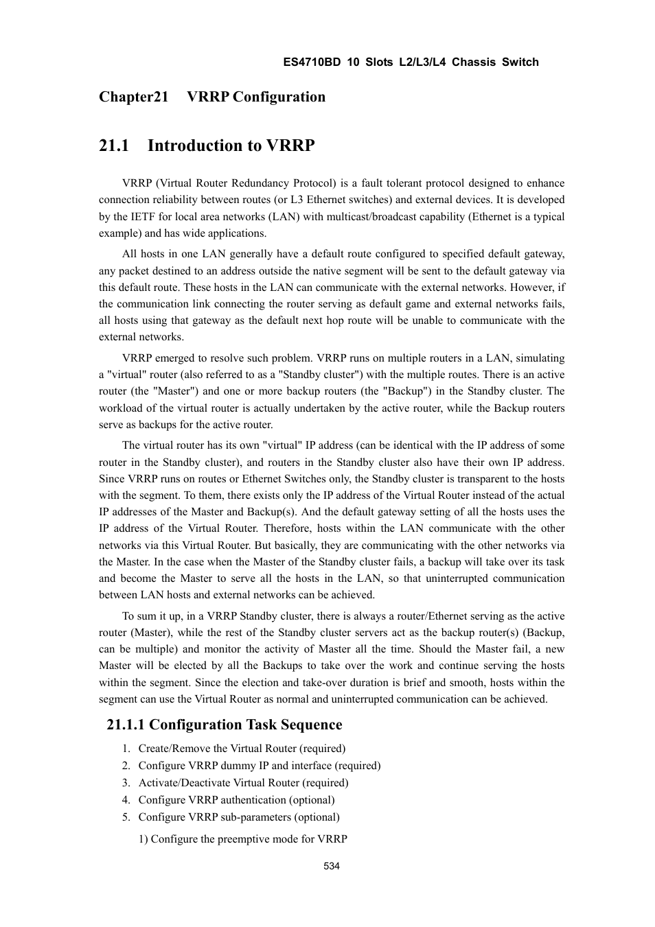 1 introduction to vrrp, Chapter21, Vrrp configuration | 1 configuration task sequence | Accton Technology ES4710BD User Manual | Page 535 / 547