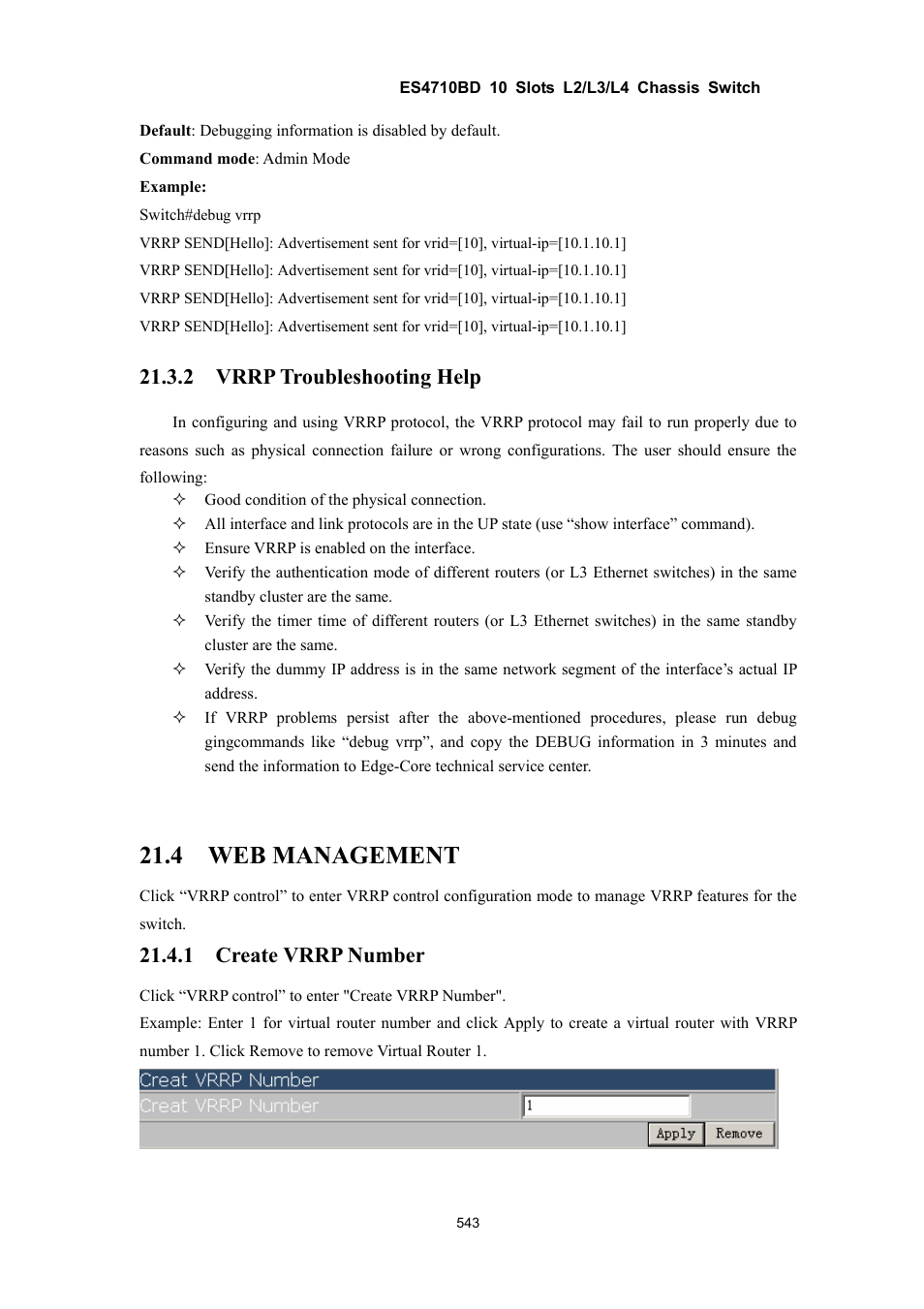 4 web management, 2 vrrp troubleshooting help, 1 create vrrp number | Accton Technology ES4710BD User Manual | Page 544 / 547