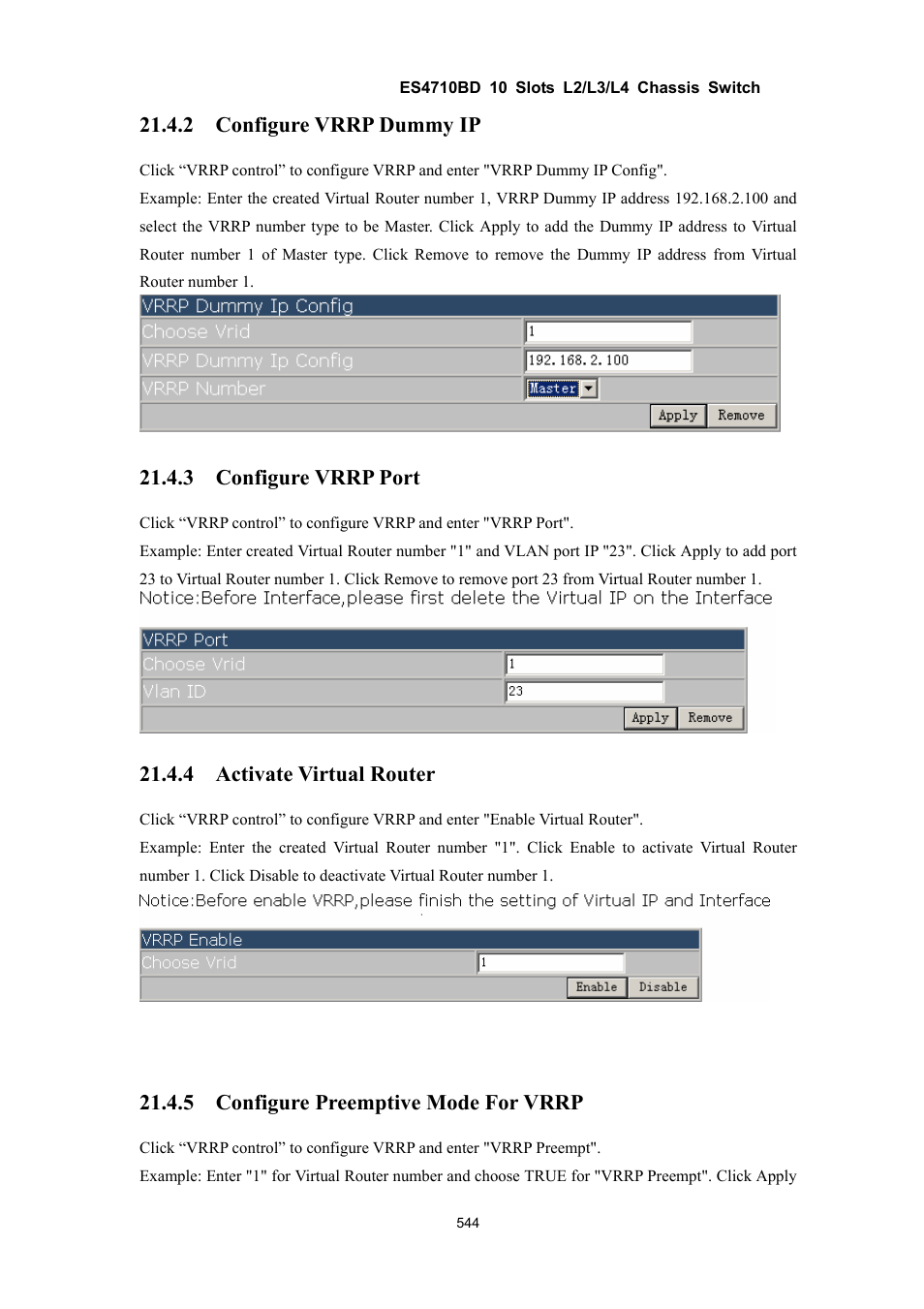 2 configure vrrp dummy ip, 3 configure vrrp port, 4 activate virtual router | 5 configure preemptive mode for vrrp | Accton Technology ES4710BD User Manual | Page 545 / 547