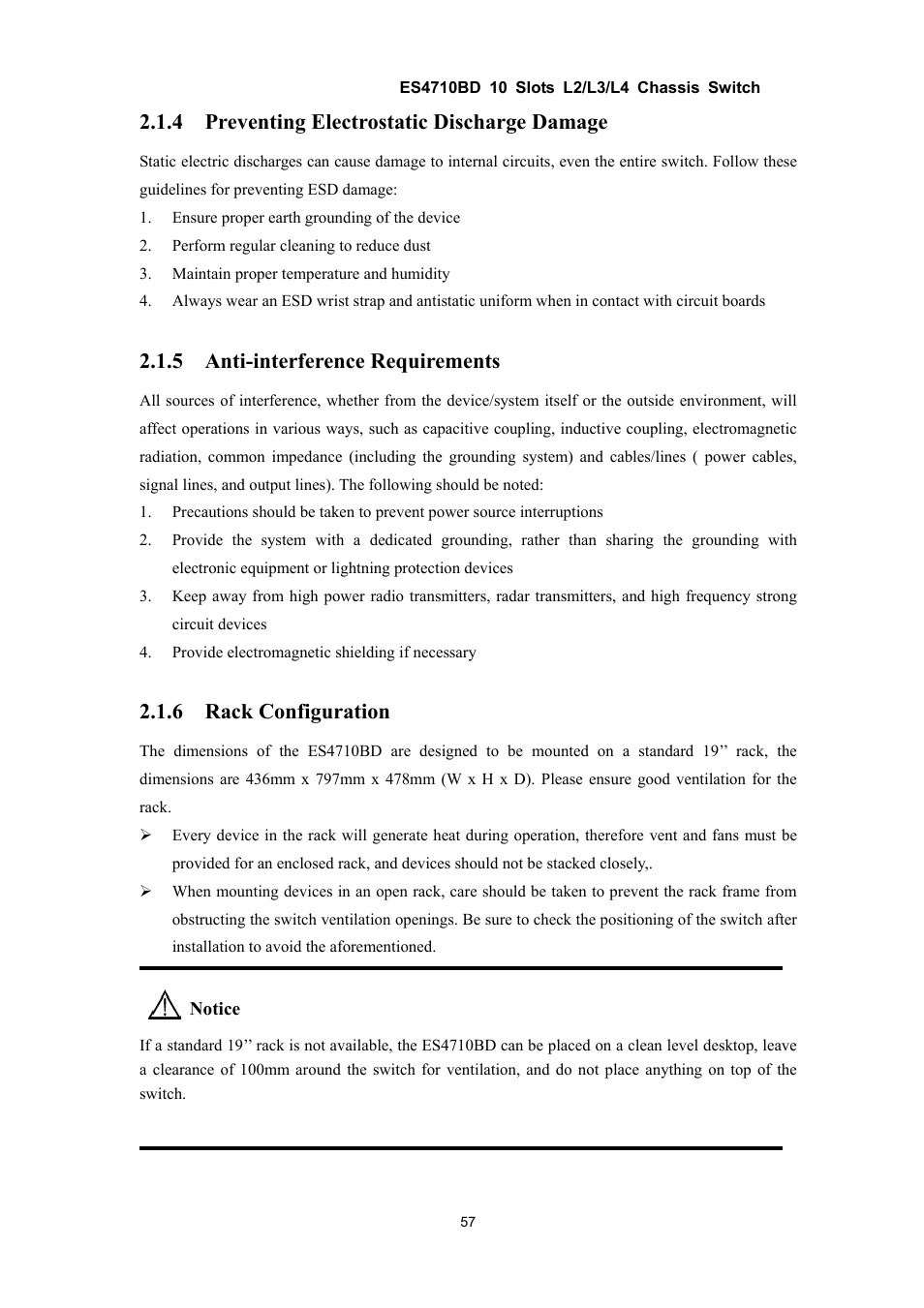 4 preventing electrostatic discharge damage, 5 anti-interference requirements, 6 rack configuration | Accton Technology ES4710BD User Manual | Page 58 / 547