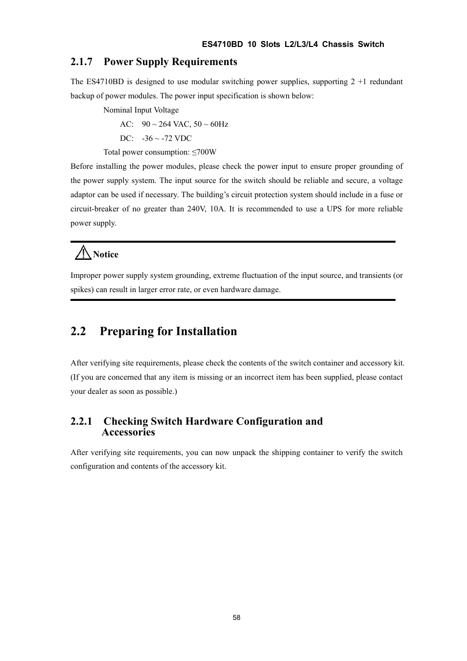 2 preparing for installation, 7 power supply requirements | Accton Technology ES4710BD User Manual | Page 59 / 547