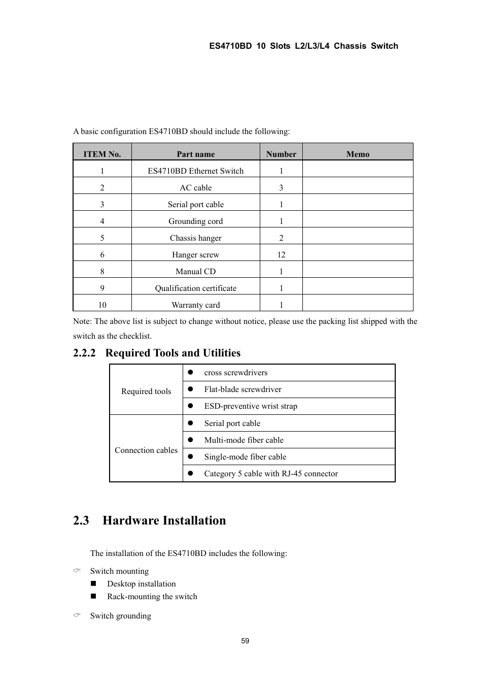 3 hardware installation, 2 required tools and utilities | Accton Technology ES4710BD User Manual | Page 60 / 547