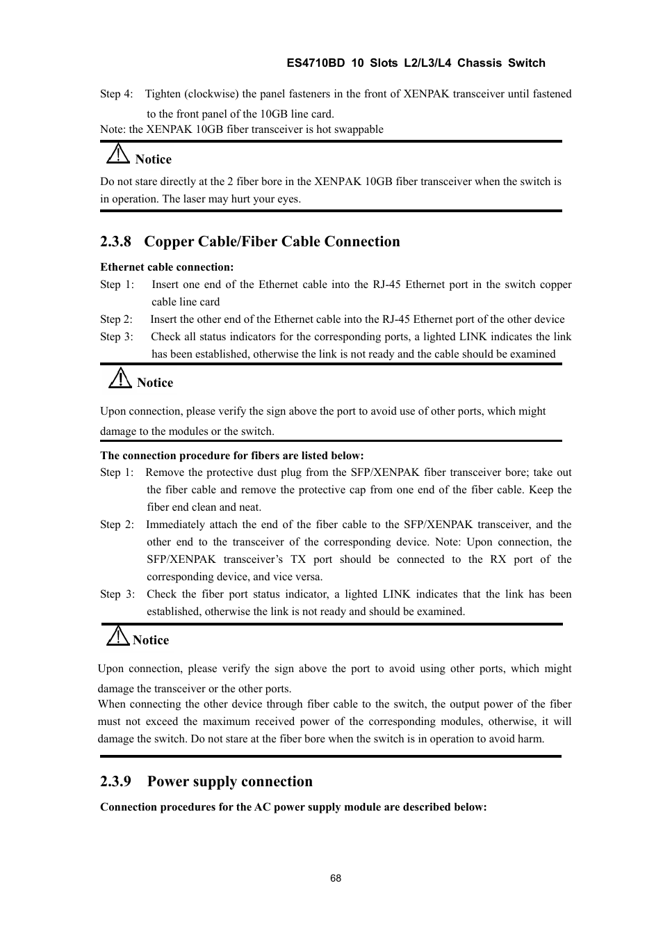 8 copper cable/fiber cable connection, 9 power supply connection | Accton Technology ES4710BD User Manual | Page 69 / 547